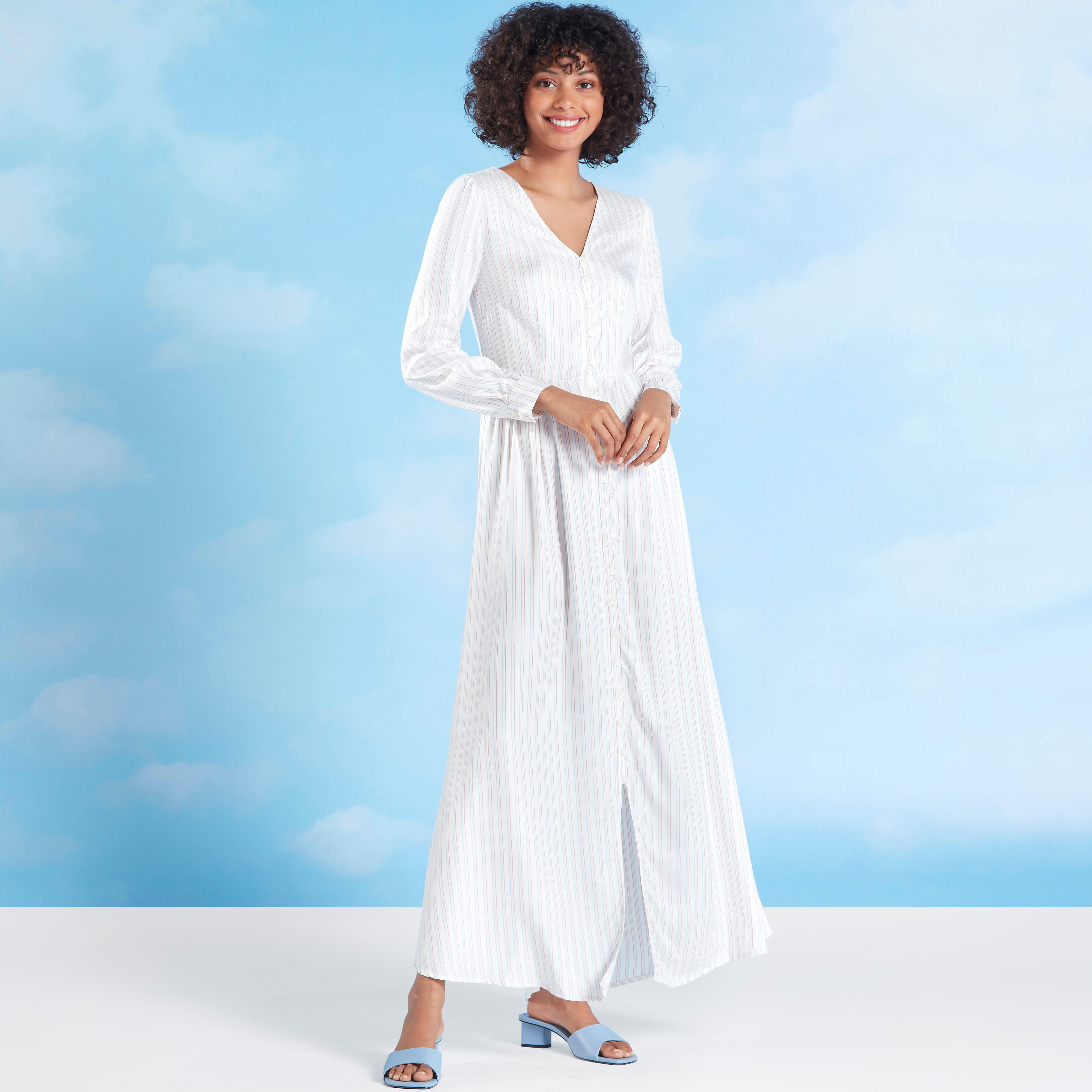 فستان إيه لاين طويل مخطط بأكمام طويلة و أربطة من لي كوبر-women-clothing-dresses-image-1