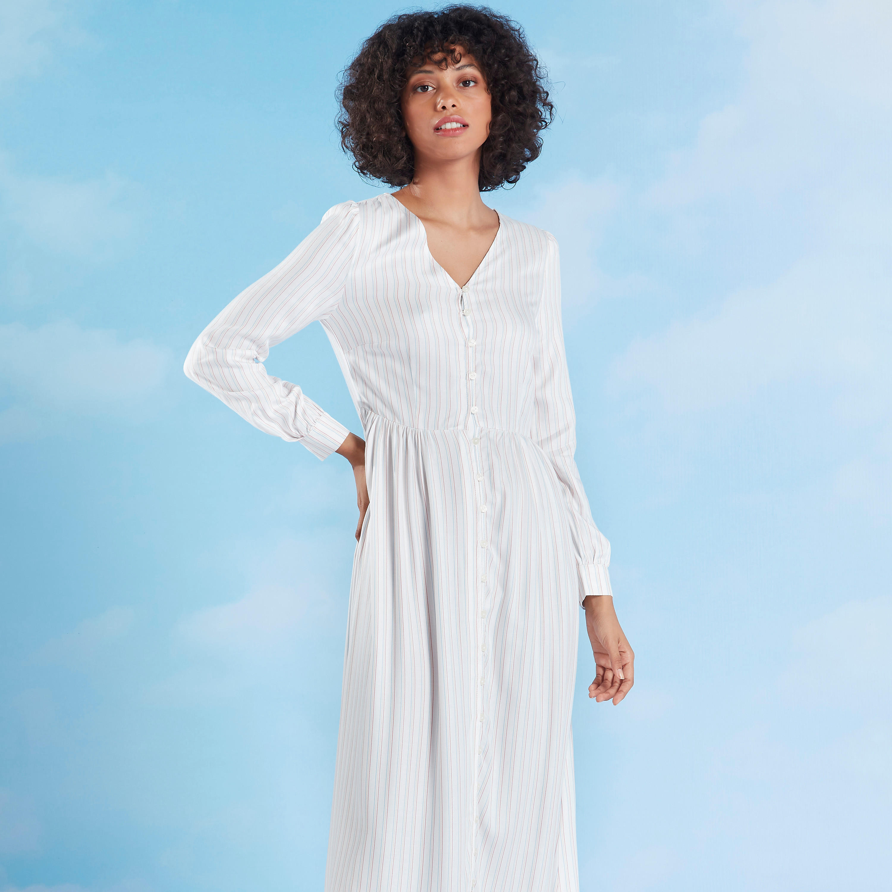 فستان إيه لاين طويل مخطط بأكمام طويلة و أربطة من لي كوبر-women-clothing-dresses-image-2