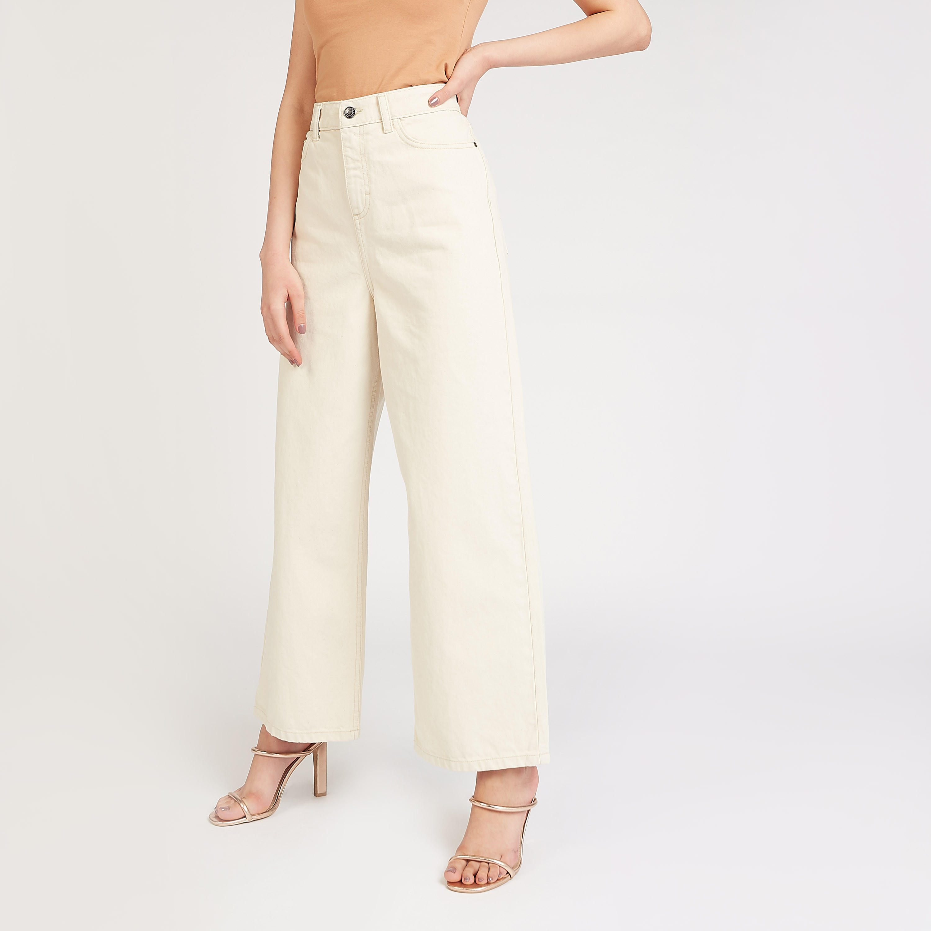 Lee Cooper Solid Full Length Denim Jeans with Button Closure and Wide Leg-women-clothing-bottoms-jeans-image-1