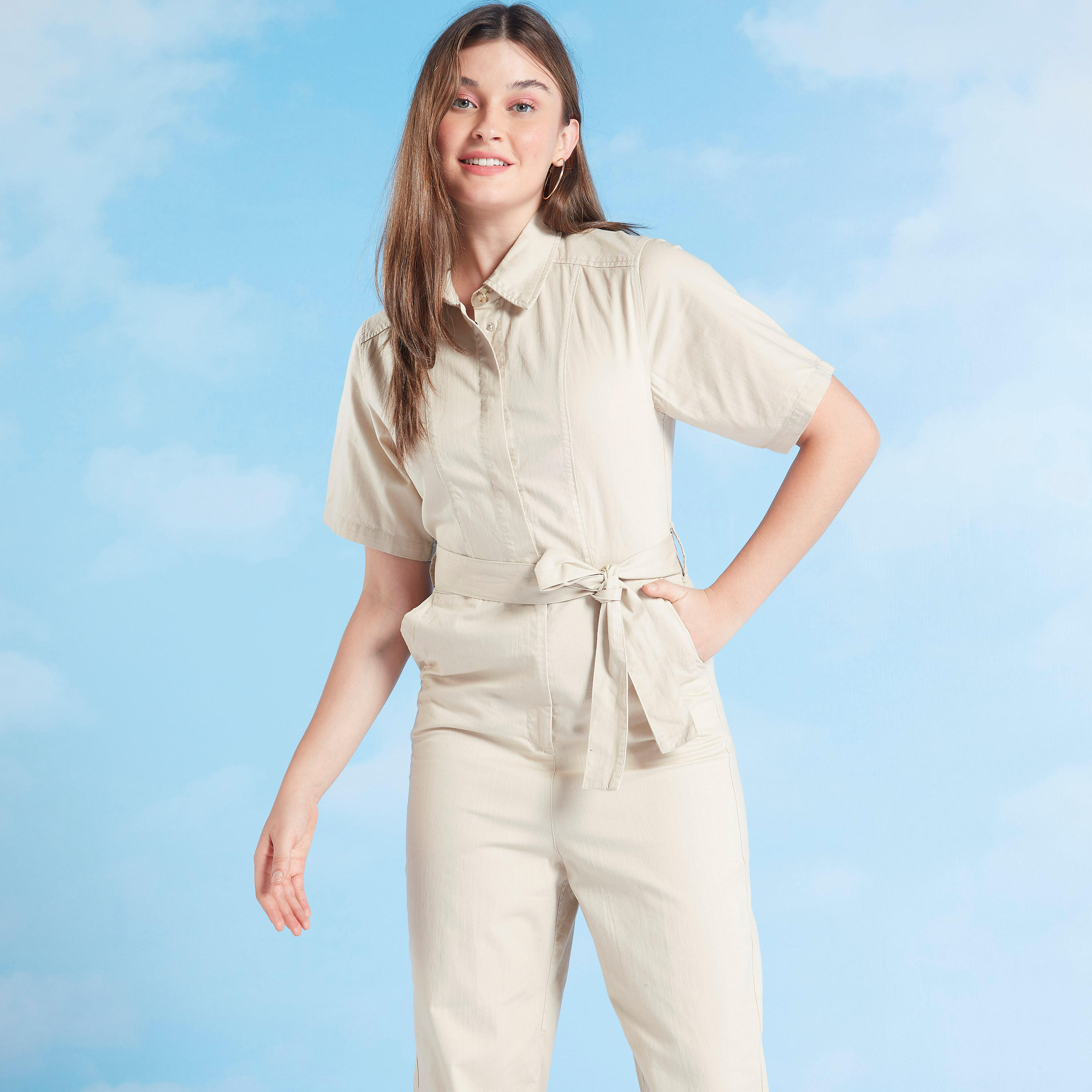 أفرول مستدام سادة بتفاصيل جيوب وأربطة من لي كوبر-women-clothing-jumpsuits-image-2