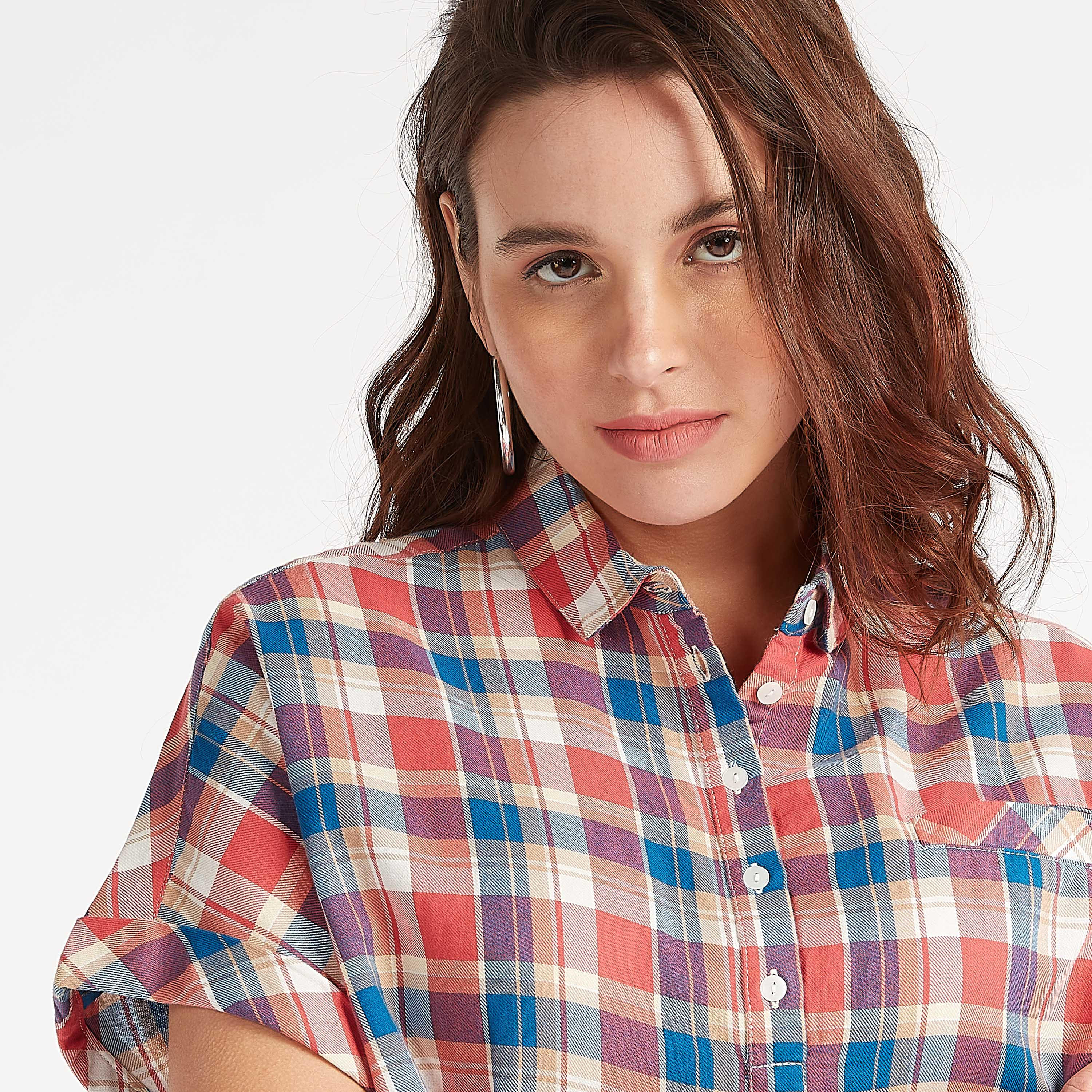 Sustainable Checked Shirt with Collar and Short Sleeves-women-clothing-shirtsandblouses-shirts-image-1
