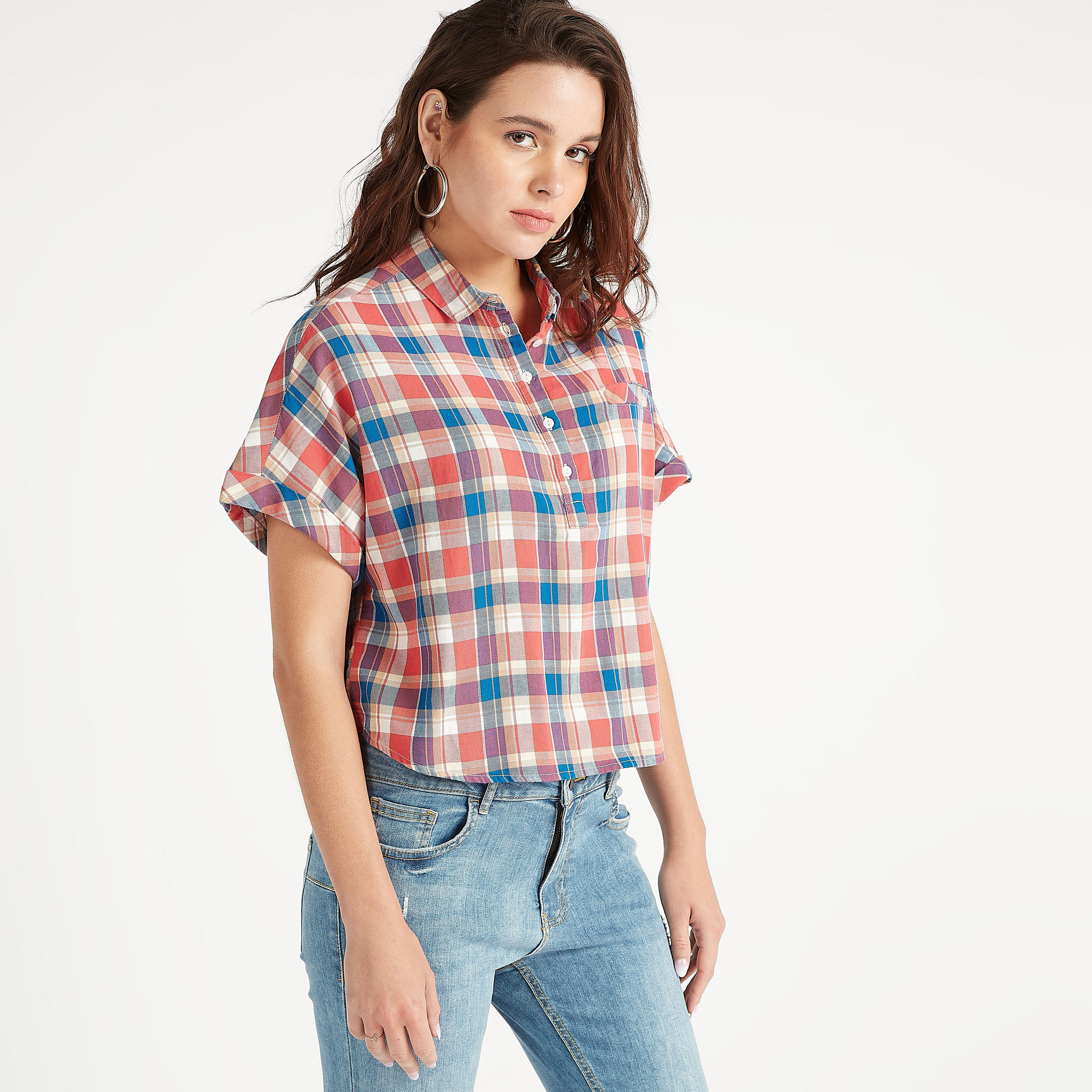 Sustainable Checked Shirt with Collar and Short Sleeves-women-clothing-shirtsandblouses-shirts-image-3