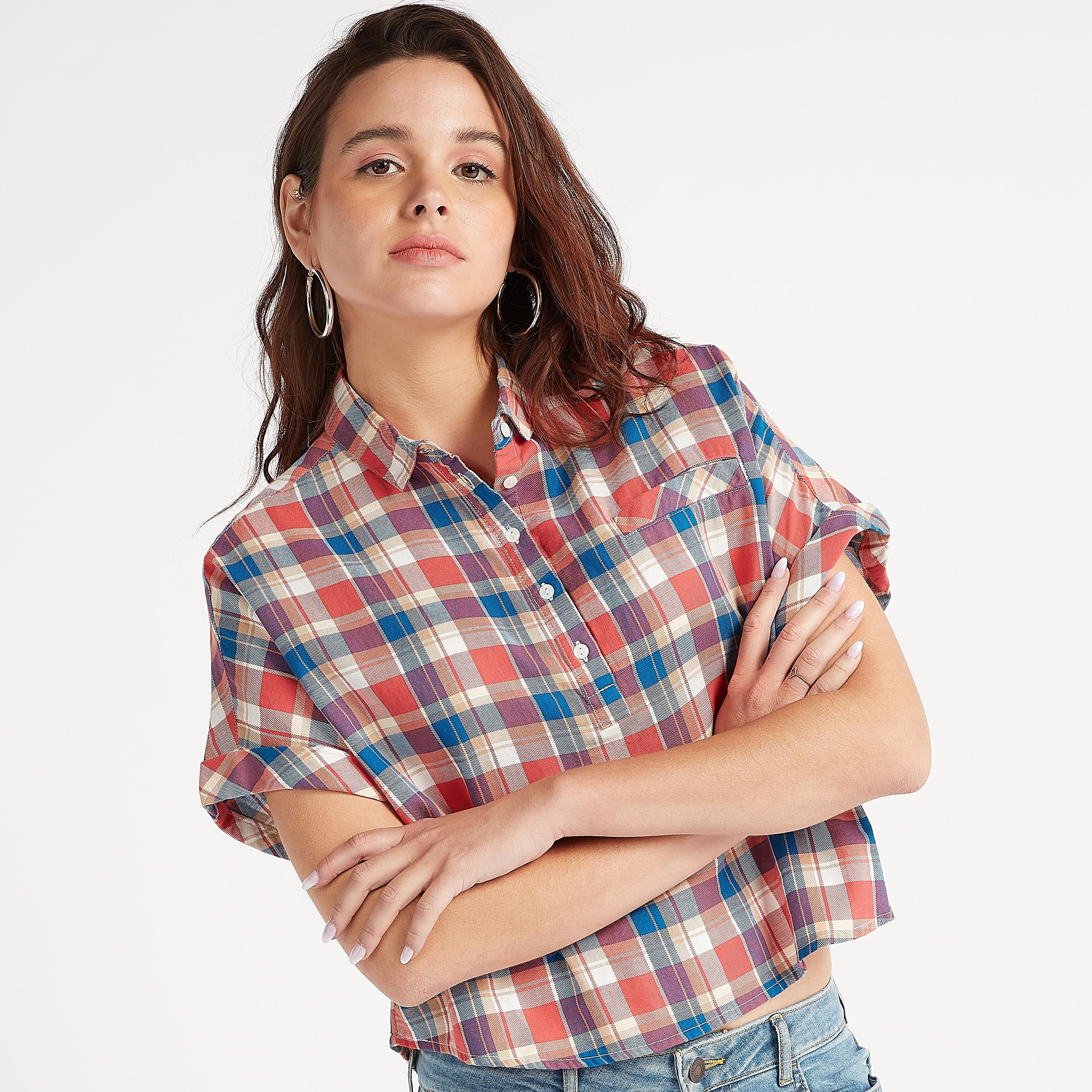 Sustainable Checked Shirt with Collar and Short Sleeves-women-clothing-shirtsandblouses-shirts-image-4
