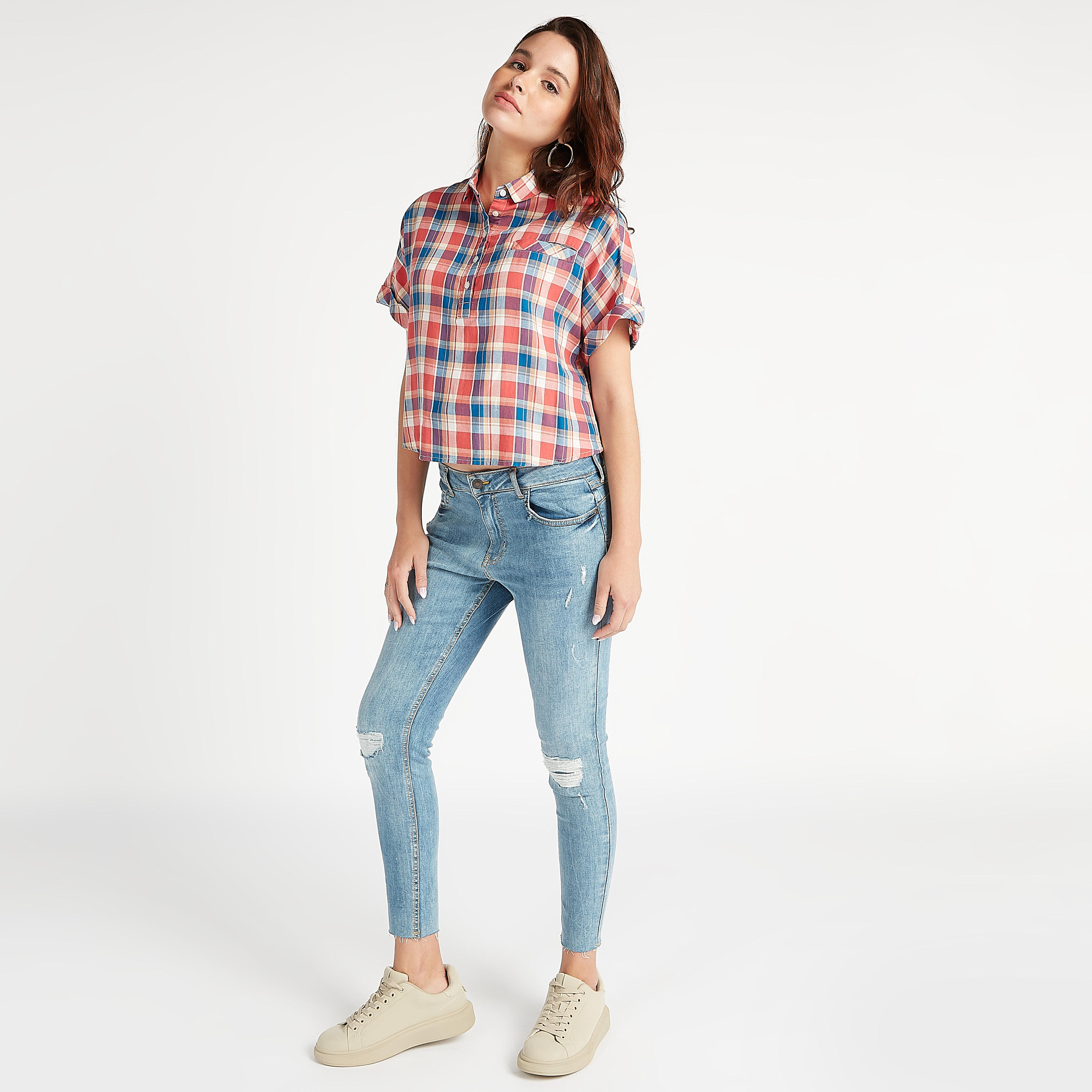 Sustainable Checked Shirt with Collar and Short Sleeves-women-clothing-shirtsandblouses-shirts-image-5