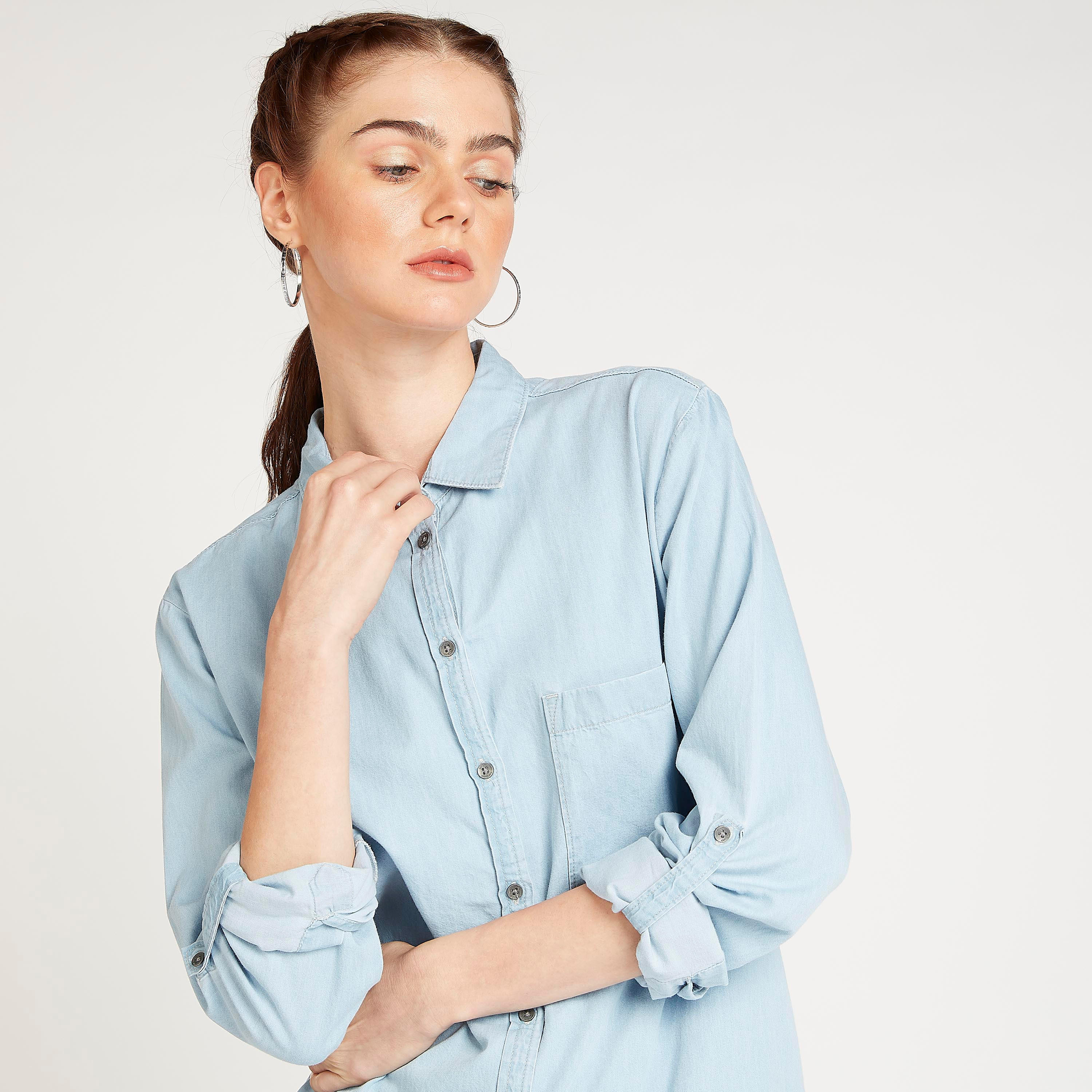 قميص مستدام بوي فريند بياقة عادية وجيب على الصدر-women-clothing-shirtsandblouses-shirts-image-3