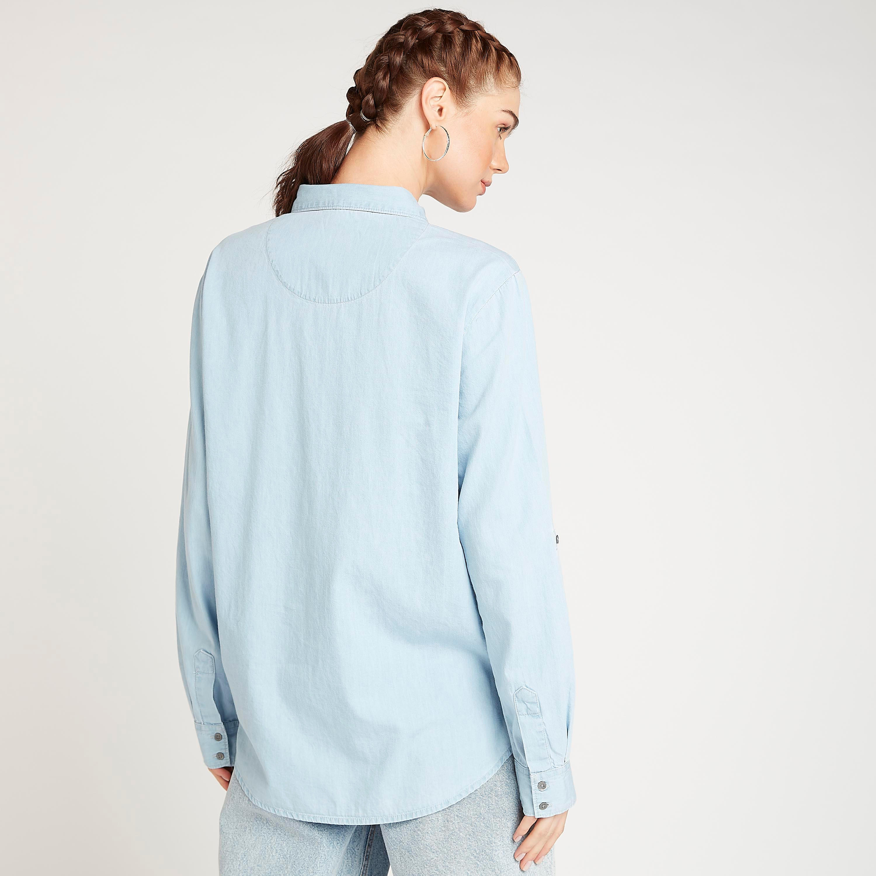 قميص مستدام بوي فريند بياقة عادية وجيب على الصدر-women-clothing-shirtsandblouses-shirts-image-4