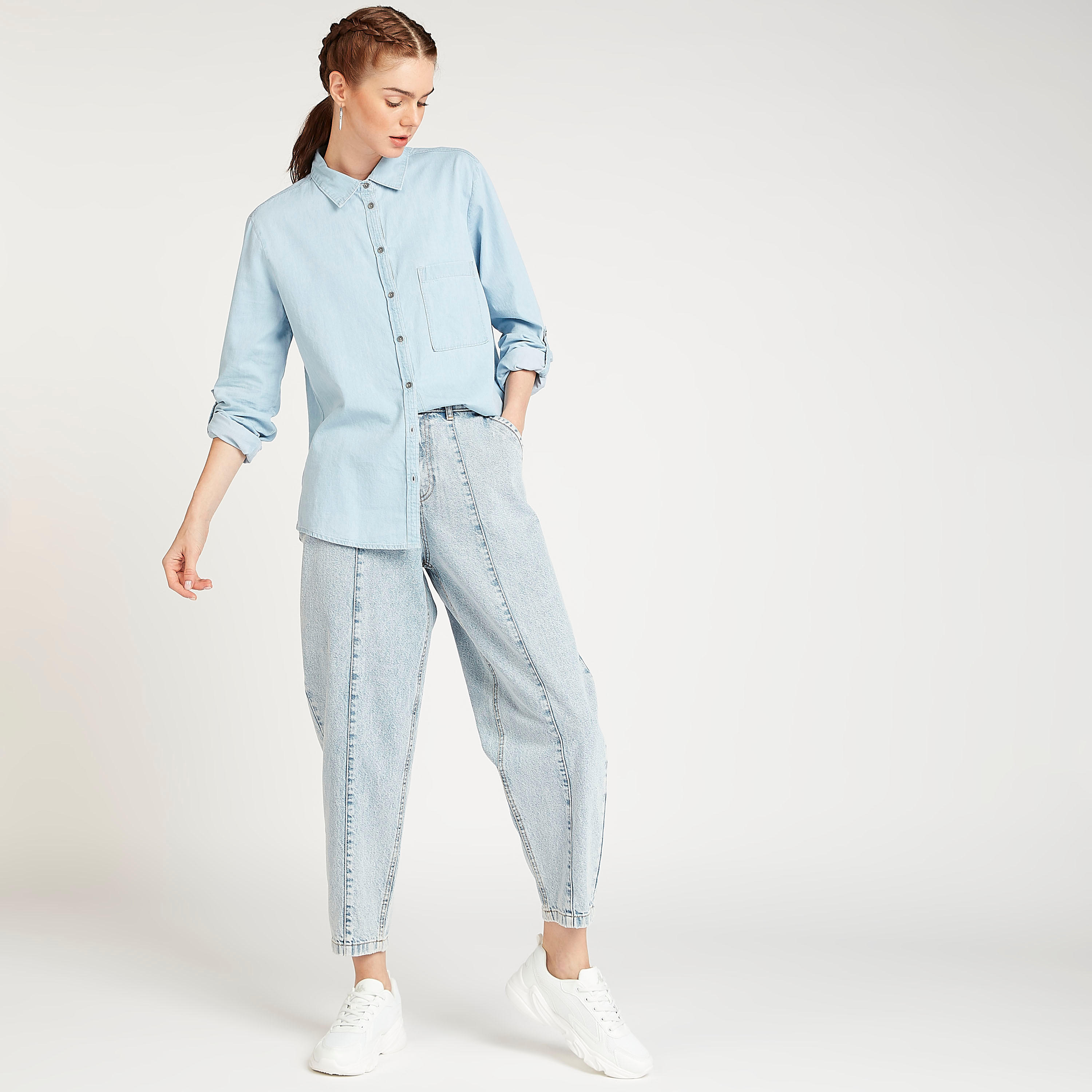 قميص مستدام بوي فريند بياقة عادية وجيب على الصدر-women-clothing-shirtsandblouses-shirts-image-6