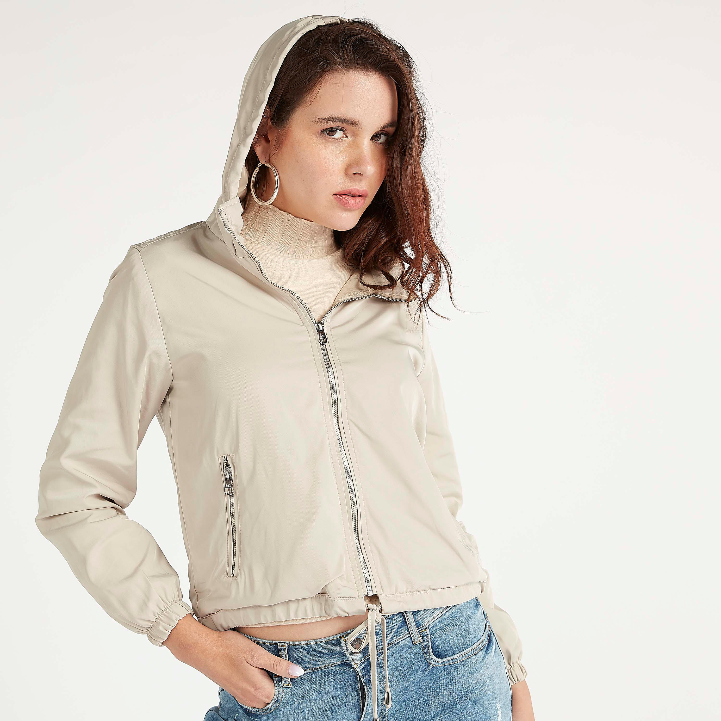 Lee Cooper Solid Zip Through Bomber Jacket with Long Sleeves and Hood-women-winterwear-coatsandjackets-jackets-image-7