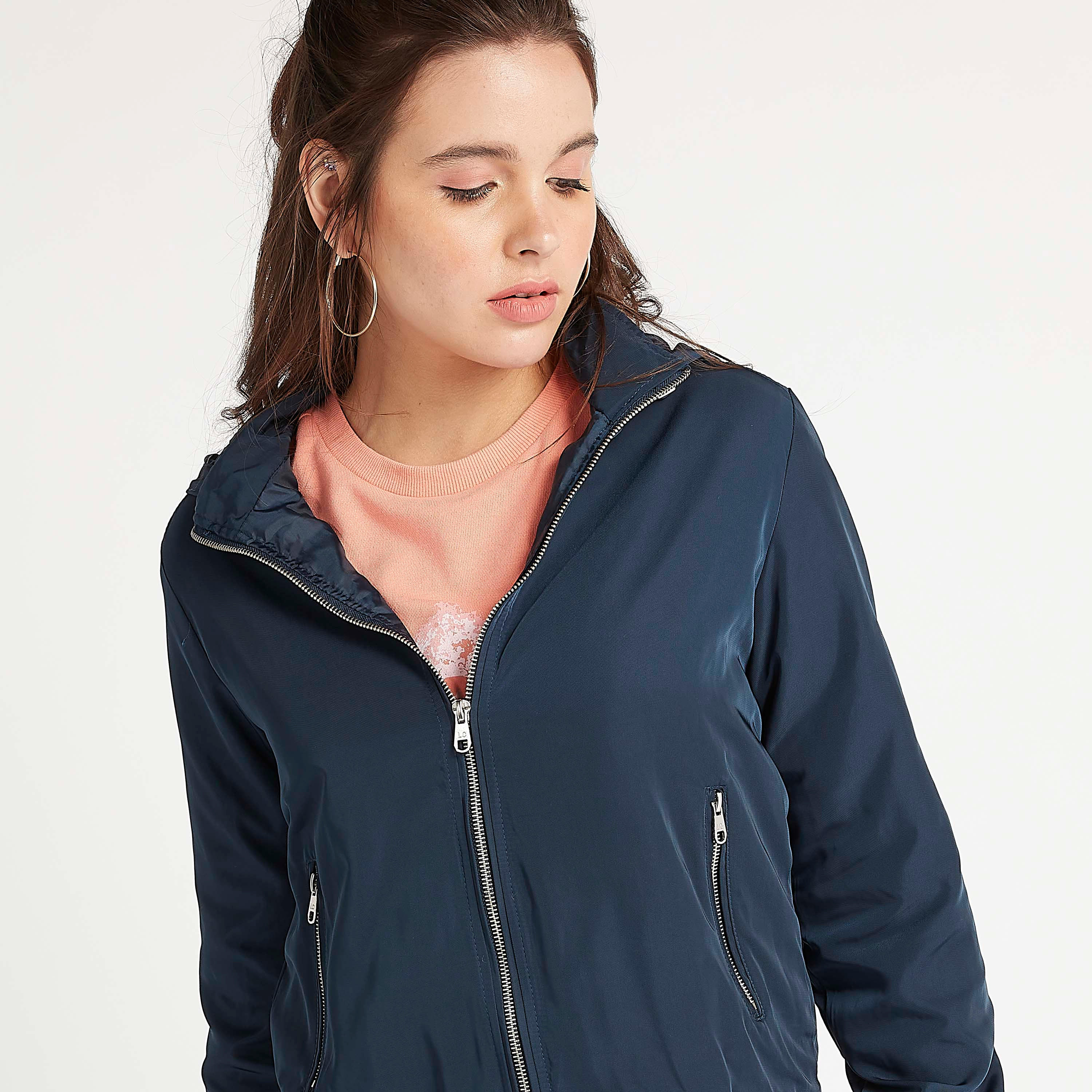 Lee Cooper Solid Zip Through Bomber Jacket with Long Sleeves and Hood-women-winterwear-coatsandjackets-jackets-image-1