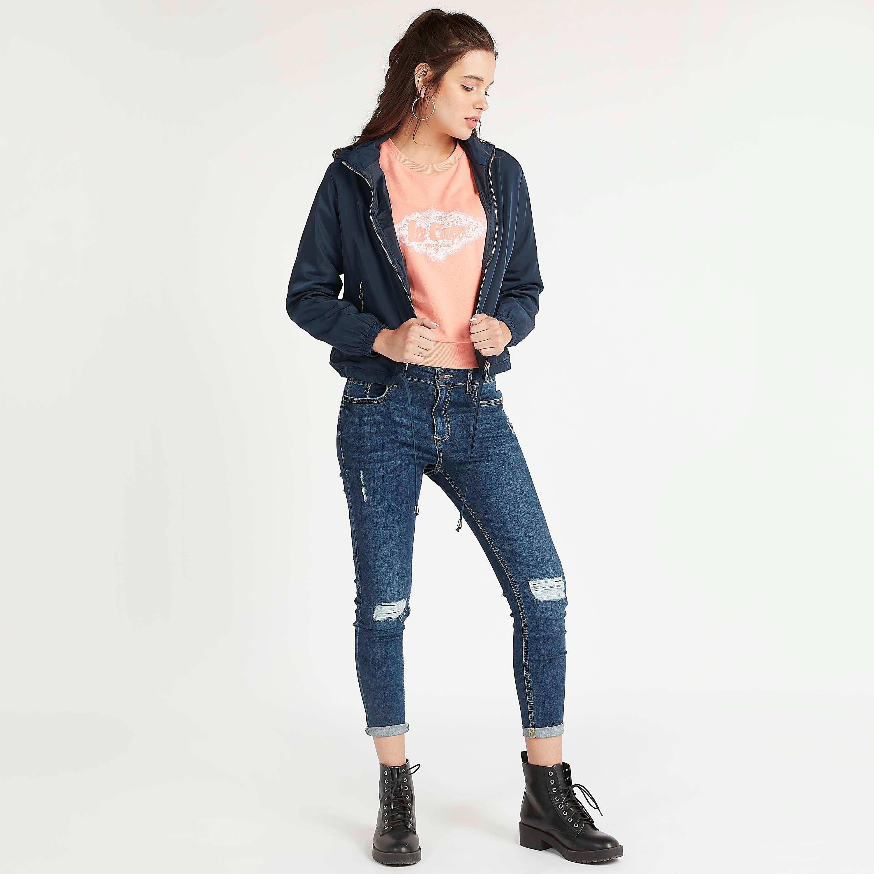 جاكيت بومبر سادة بسحّاب وأكمام طويلة وقبّعة من لي كوبر-women-winterwear-coatsandjackets-jackets-image-5