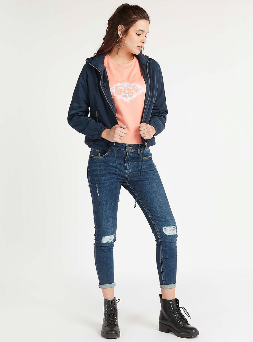 جاكيت بومبر سادة بسحّاب وأكمام طويلة وقبّعة من لي كوبر-women-winterwear-coatsandjackets-jackets-image-5