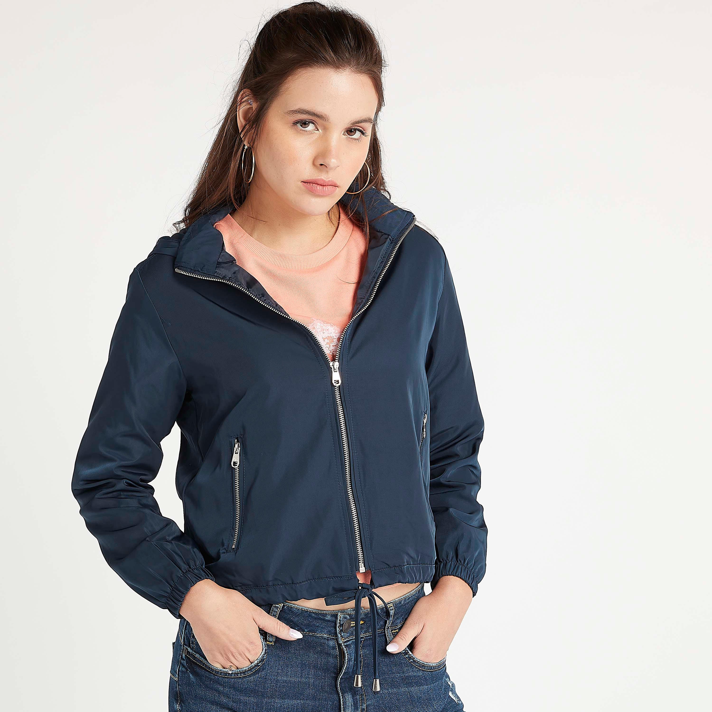 Lee Cooper Solid Zip Through Bomber Jacket with Long Sleeves and Hood-women-winterwear-coatsandjackets-jackets-image-5