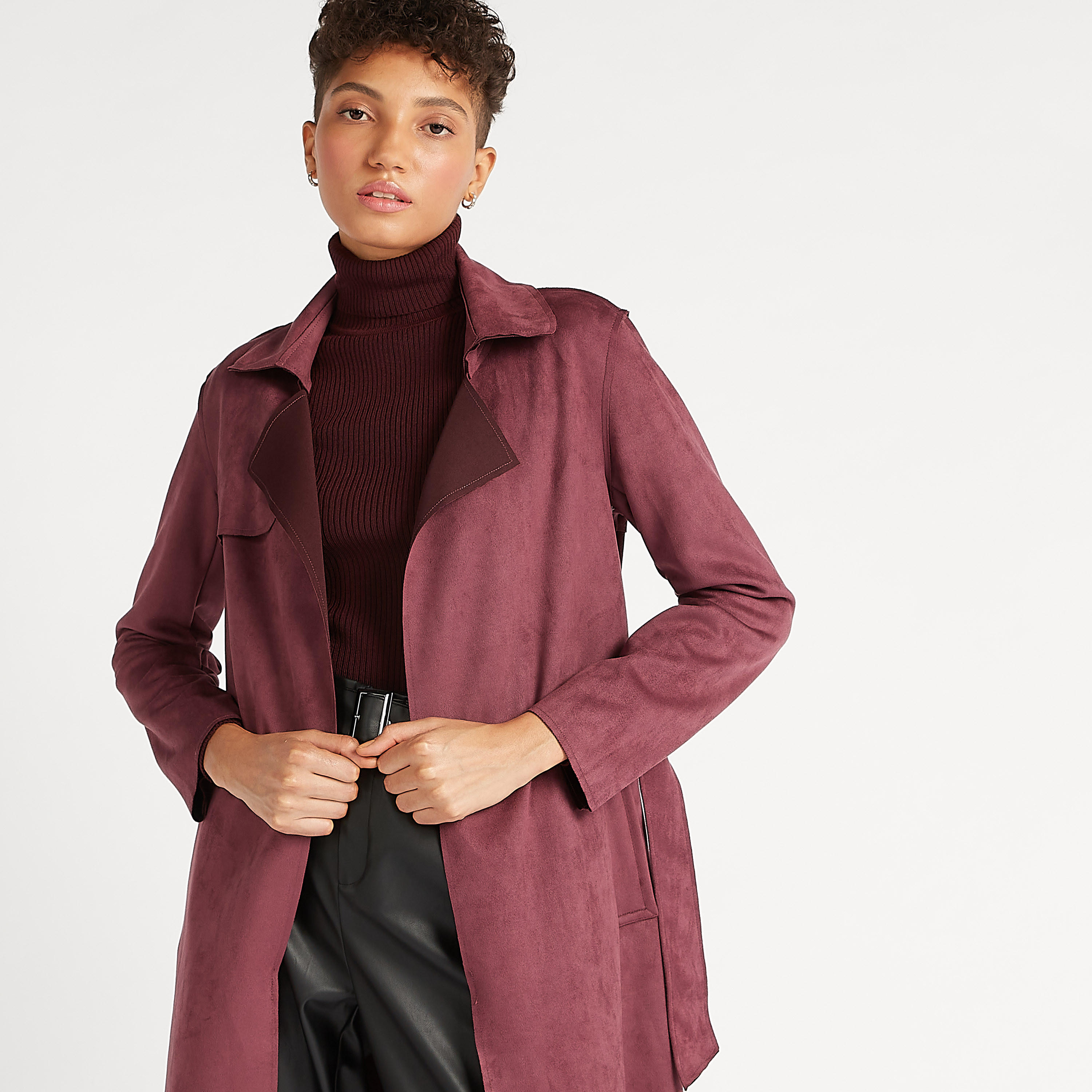 معطف مستدام سادة بياقة عادية وحزام من لي كوبر-women-clothing-coatsandjackets-coats-image-7