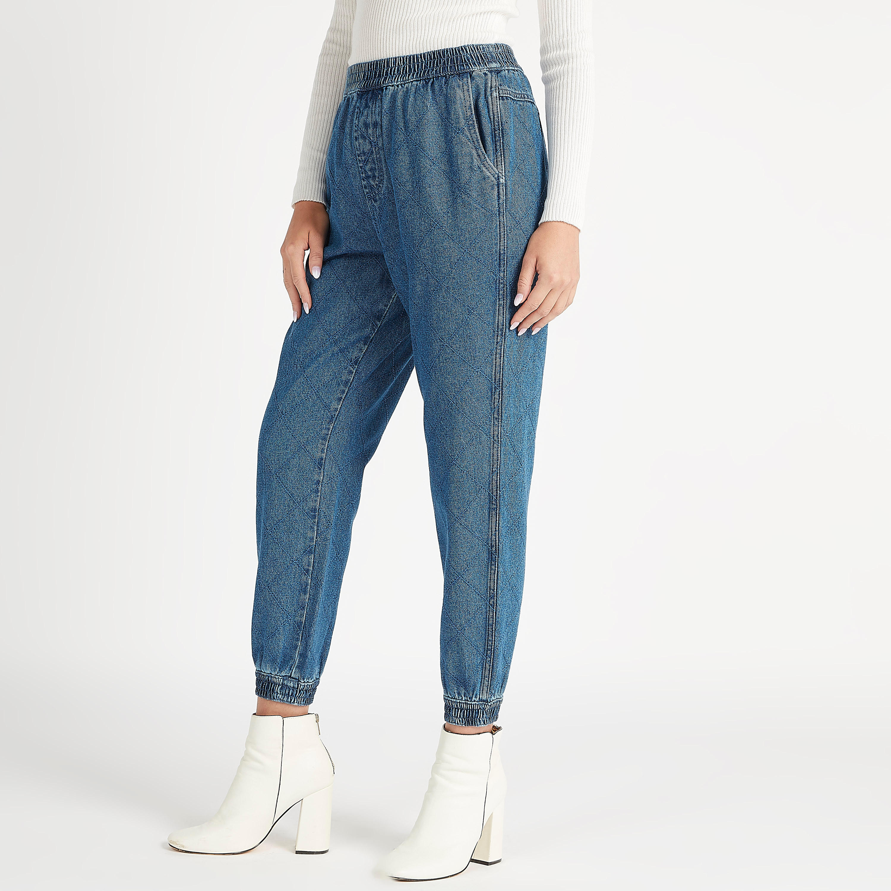 Sustainable Lee Cooper Textured High Rise Denim Joggers with Pockets-women-clothing-bottoms-joggers-image-1
