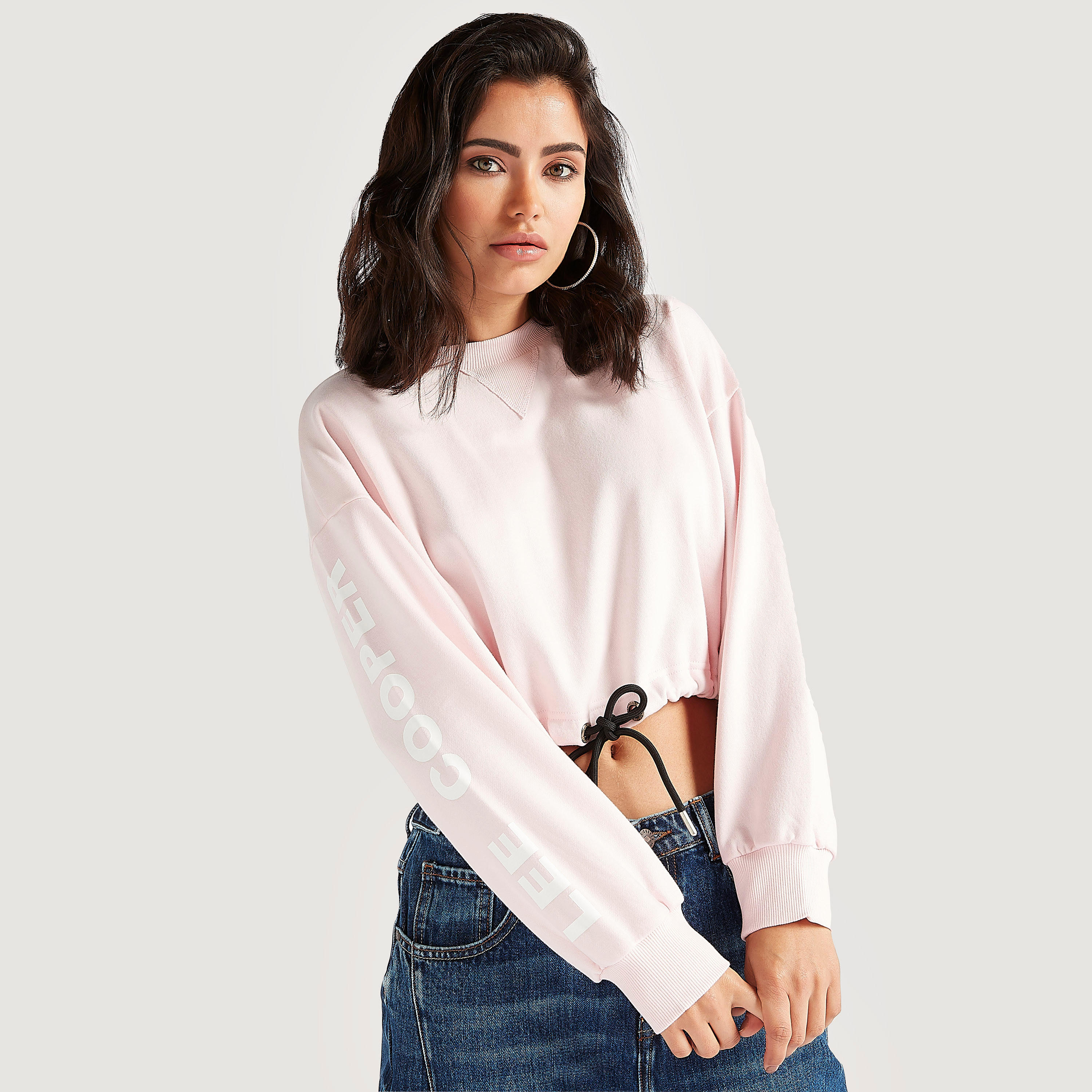 Lee Cooper Crop Sweatshirt with Drawstring Hem and Crew Neck-women-winterwear-hoodiesandsweatshirts-sweatshirts-image-1