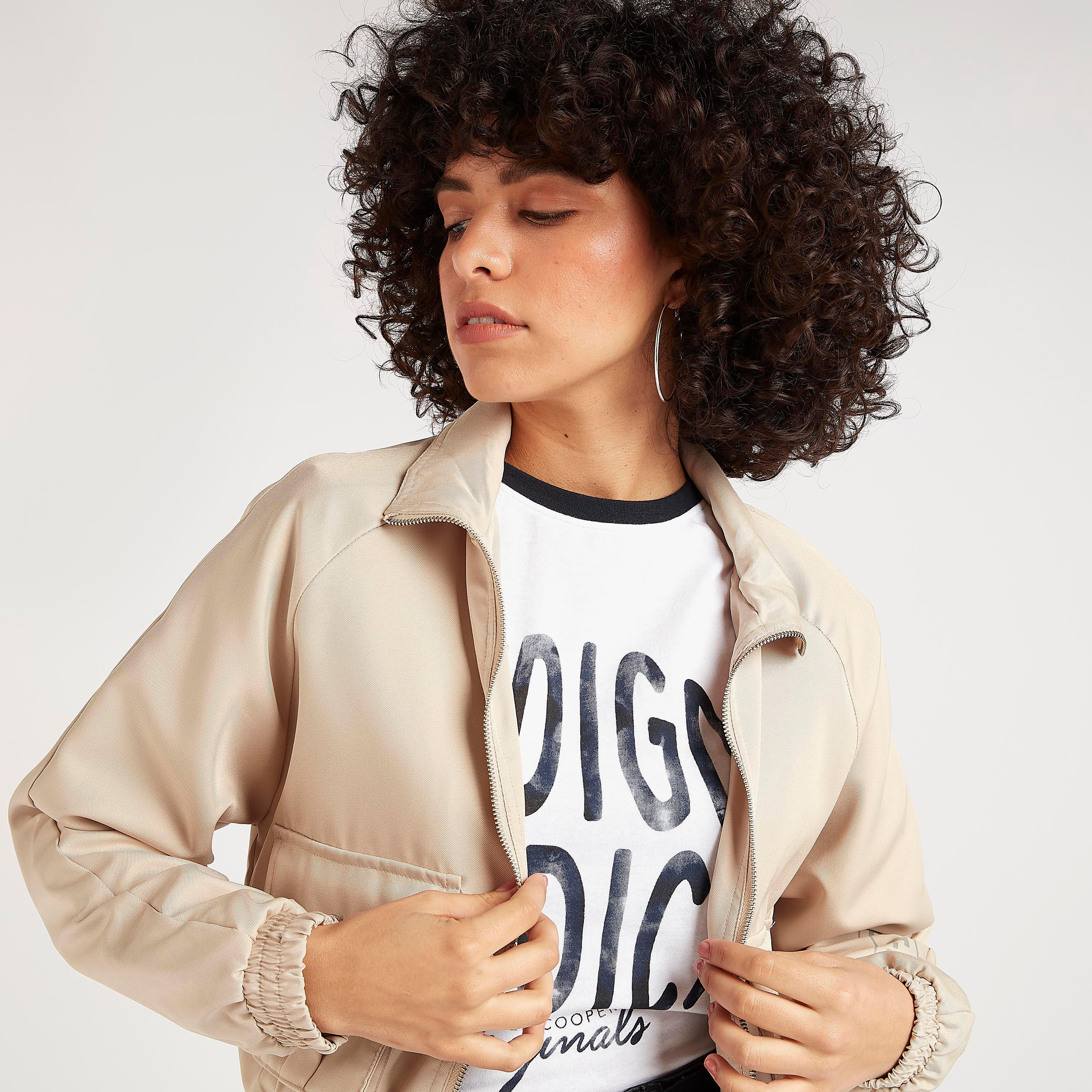 جاكيت بومبر سادة بأكمام طويلة من لي كوبر-women-winterwear-coatsandjackets-jackets-image-1