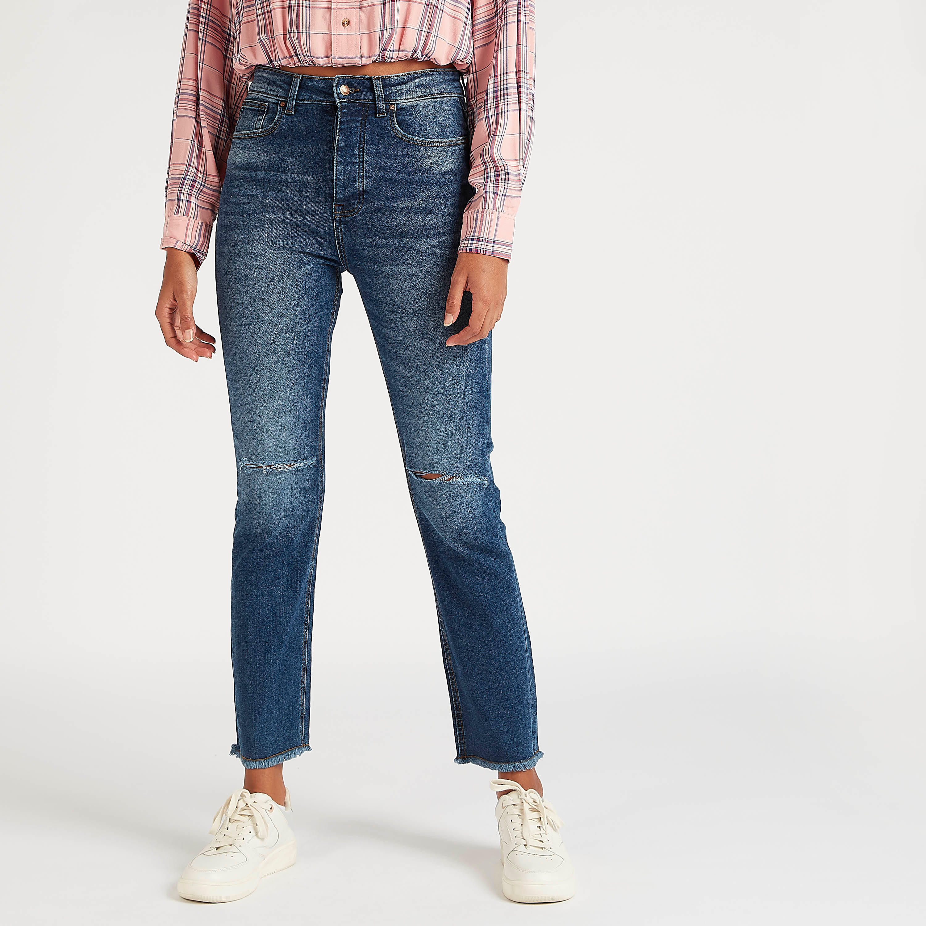 بنطلون جينز مضلّع بقصّة مستقيمة وخصر مرتفع من لي كوبر-women-clothing-bottoms-jeans-image-1