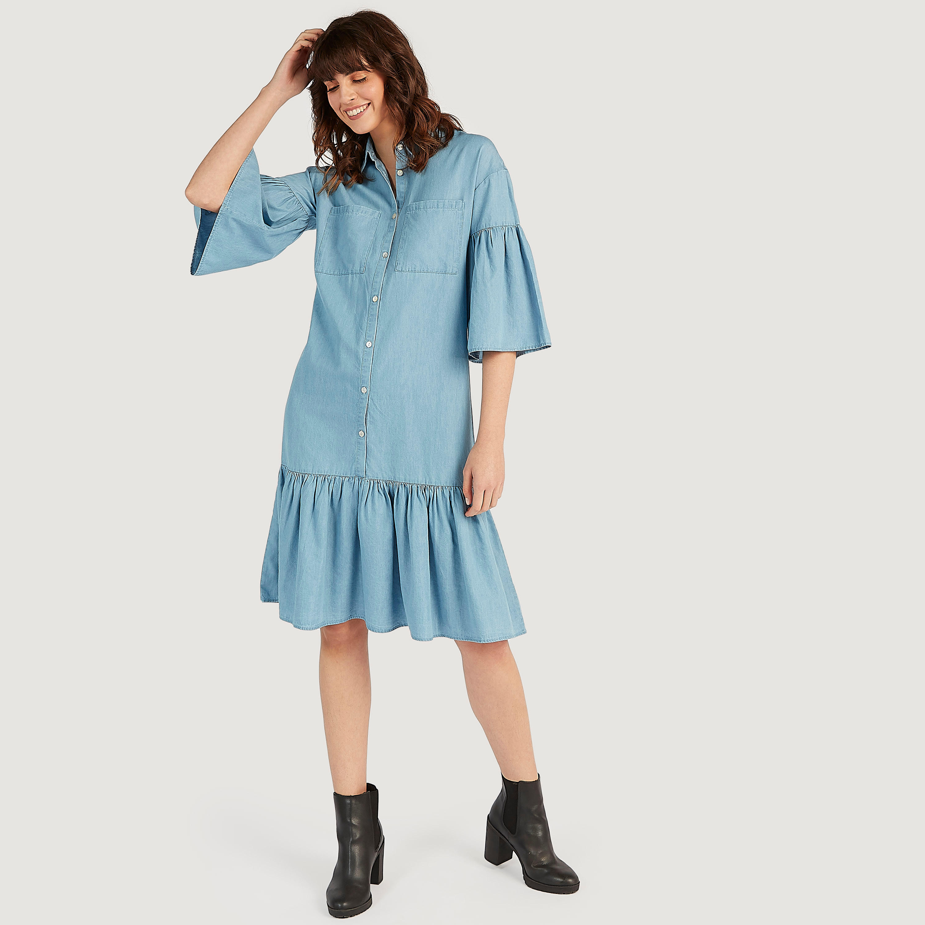 فستان قميص ميدي بخصر منخفض وأكمام واسعة من لي كوبر-women-clothing-dresses-image-2