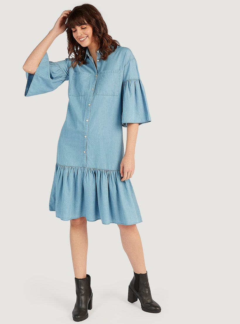 فستان قميص ميدي بخصر منخفض وأكمام واسعة من لي كوبر-women-clothing-dresses-image-2
