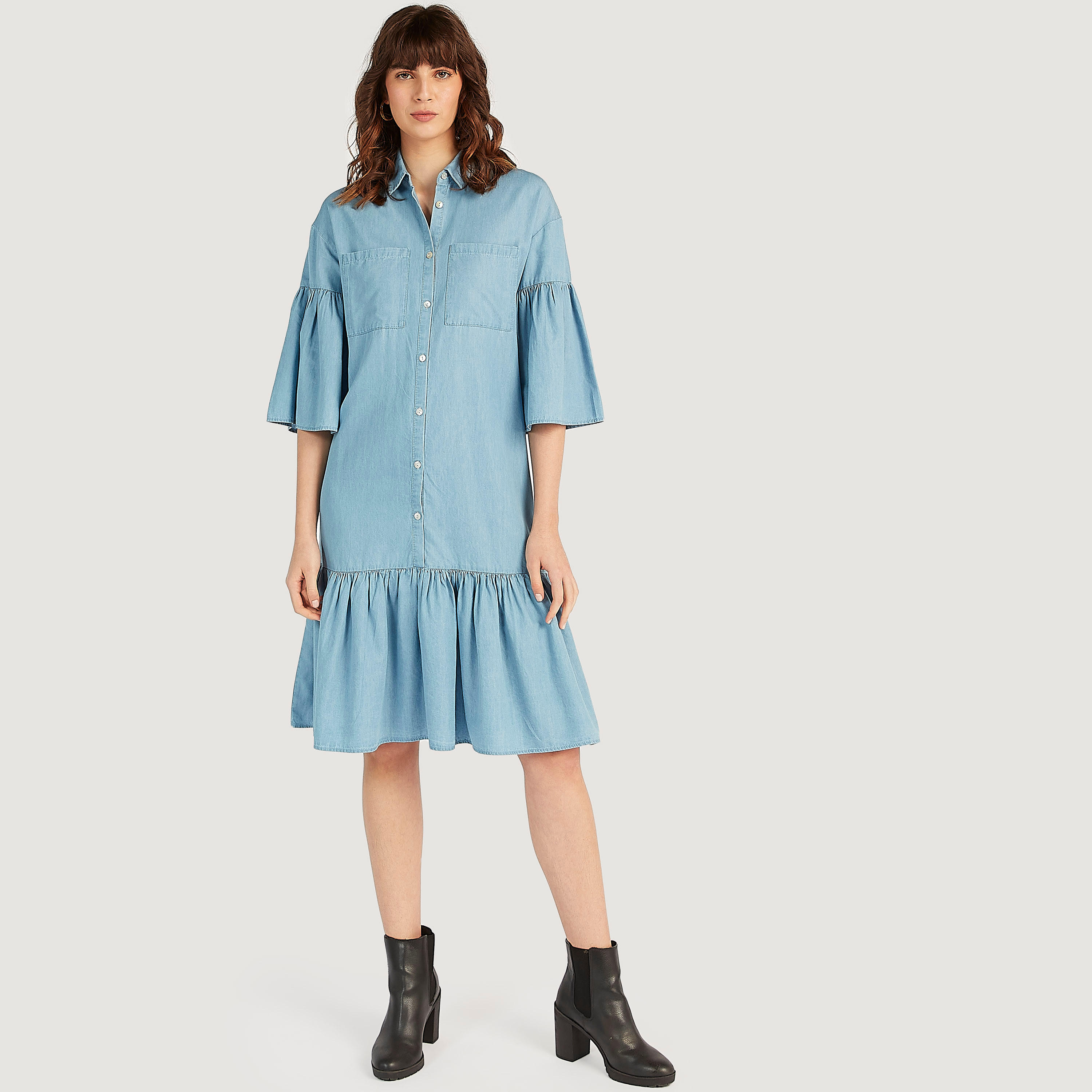 فستان قميص ميدي بخصر منخفض وأكمام واسعة من لي كوبر-women-clothing-dresses-image-5