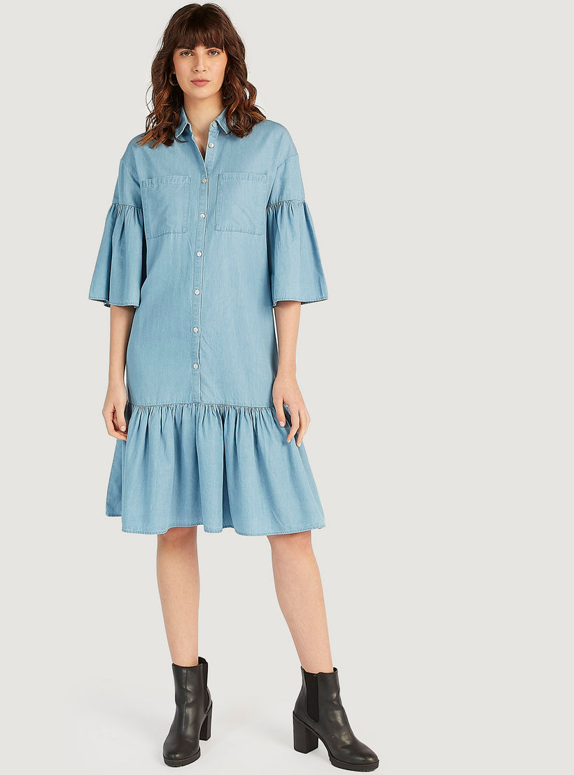 فستان قميص ميدي بخصر منخفض وأكمام واسعة من لي كوبر-women-clothing-dresses-image-5