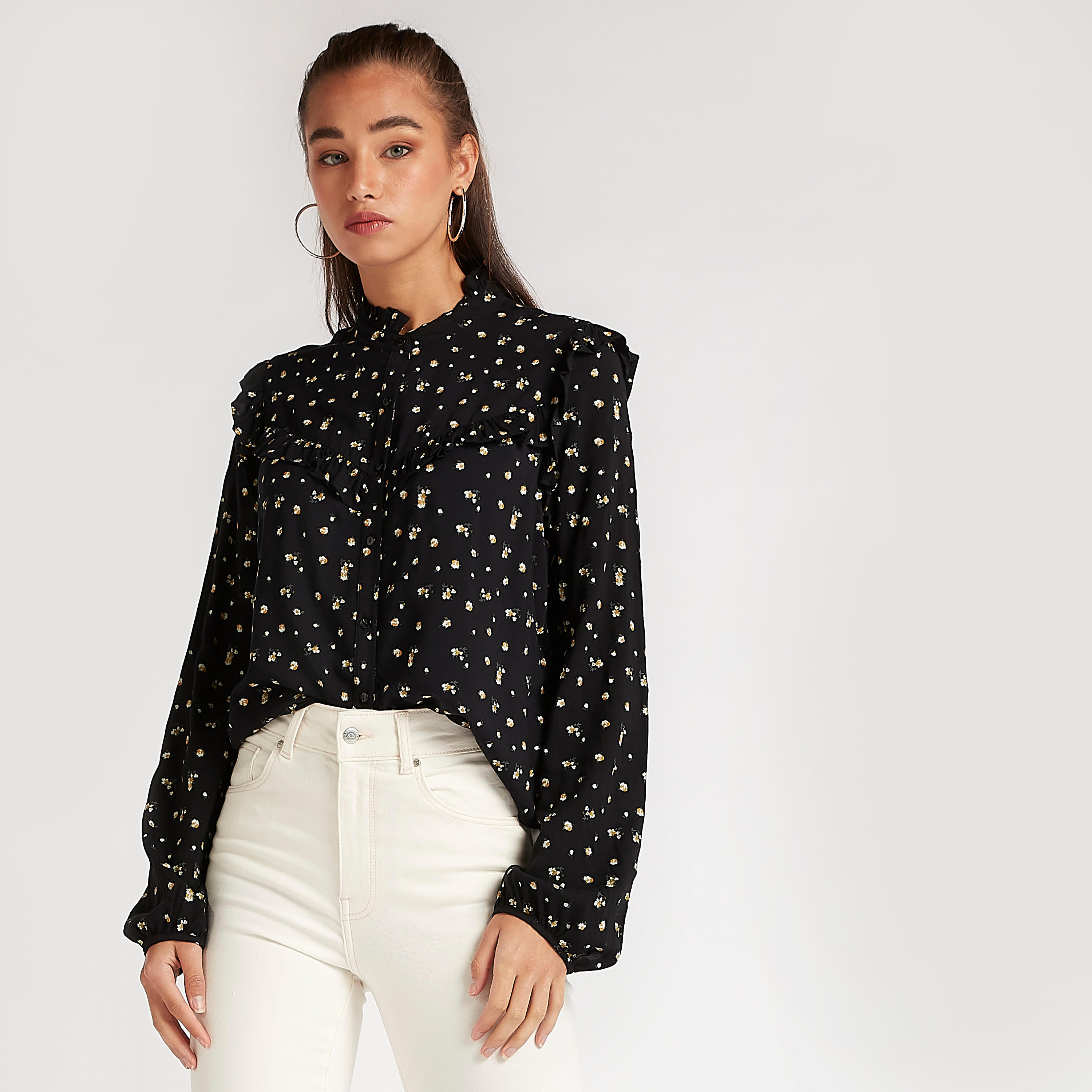بلوزة بياقة ماندارين وطبعات أزهار وأكمام طويلة من لي كوبر-women-clothing-shirtsandblouses-blouses-image-1