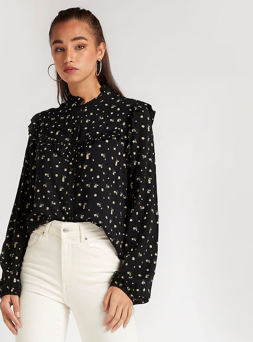 بلوزة بياقة ماندارين وطبعات أزهار وأكمام طويلة من لي كوبر-women-clothing-shirtsandblouses-blouses-image-1