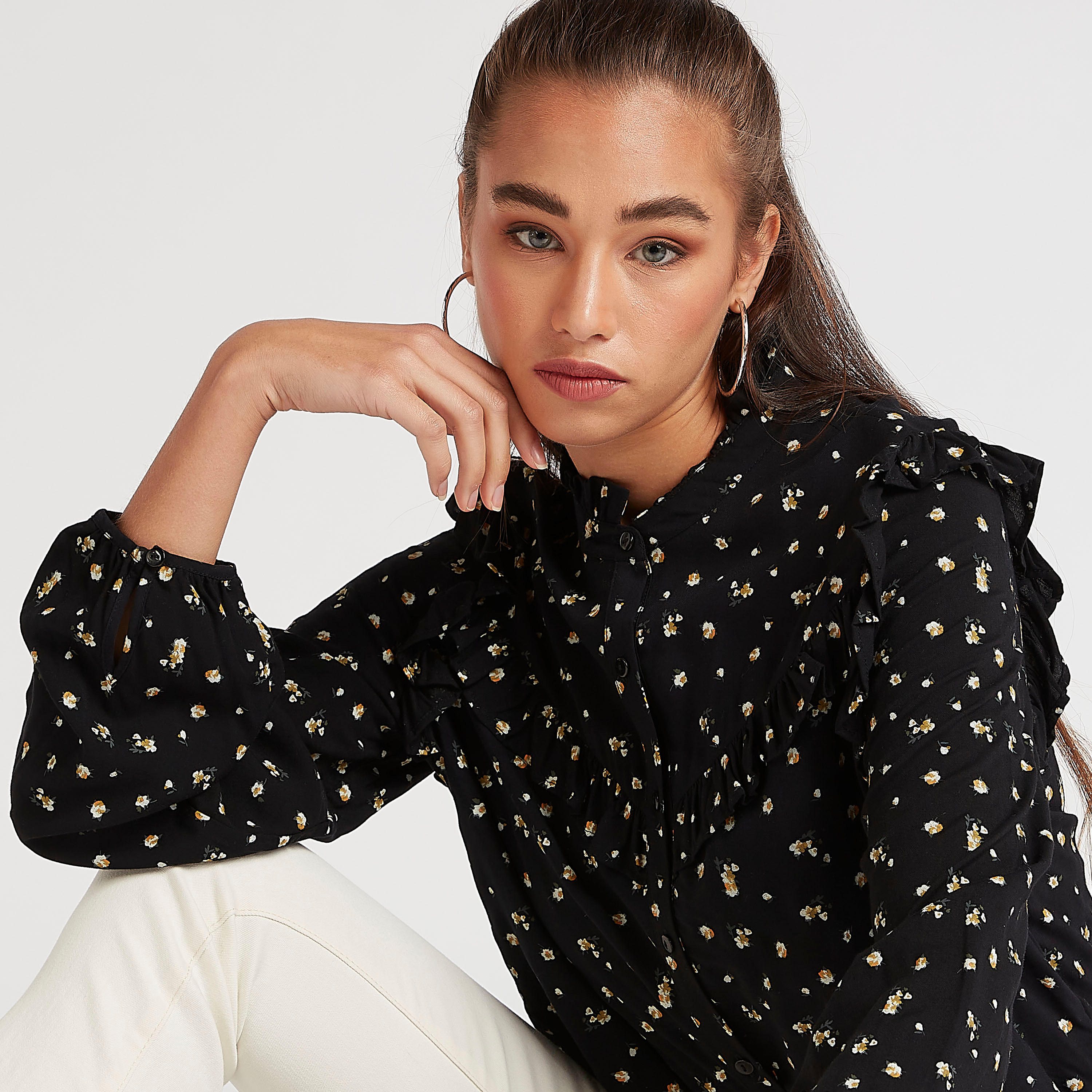 بلوزة بياقة ماندارين وطبعات أزهار وأكمام طويلة من لي كوبر-women-clothing-shirtsandblouses-blouses-image-3