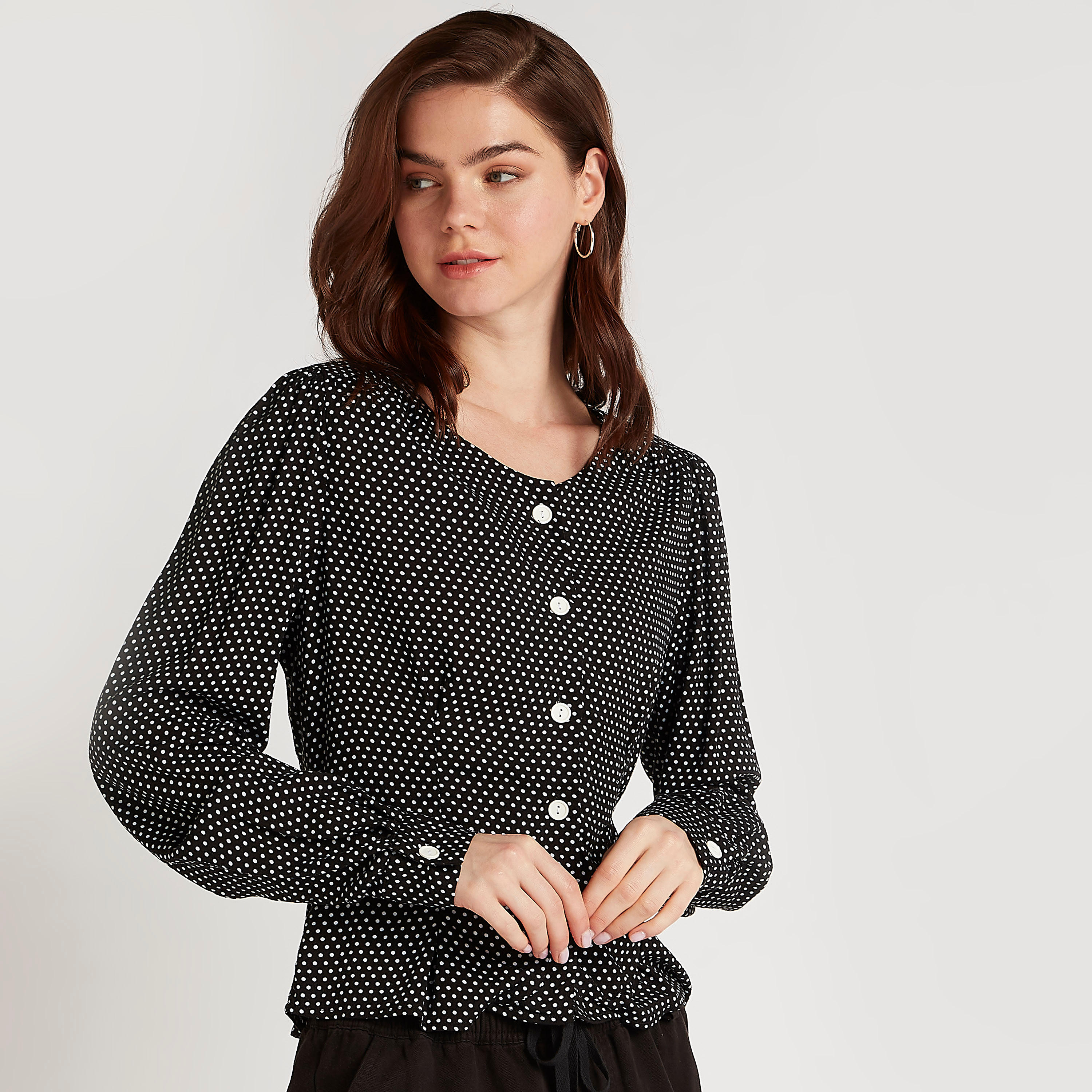 Lee Cooper Polka Dot Long Sleeves Top with Button Closure-women-clothing-shirtsandblouses-blouses-image-1