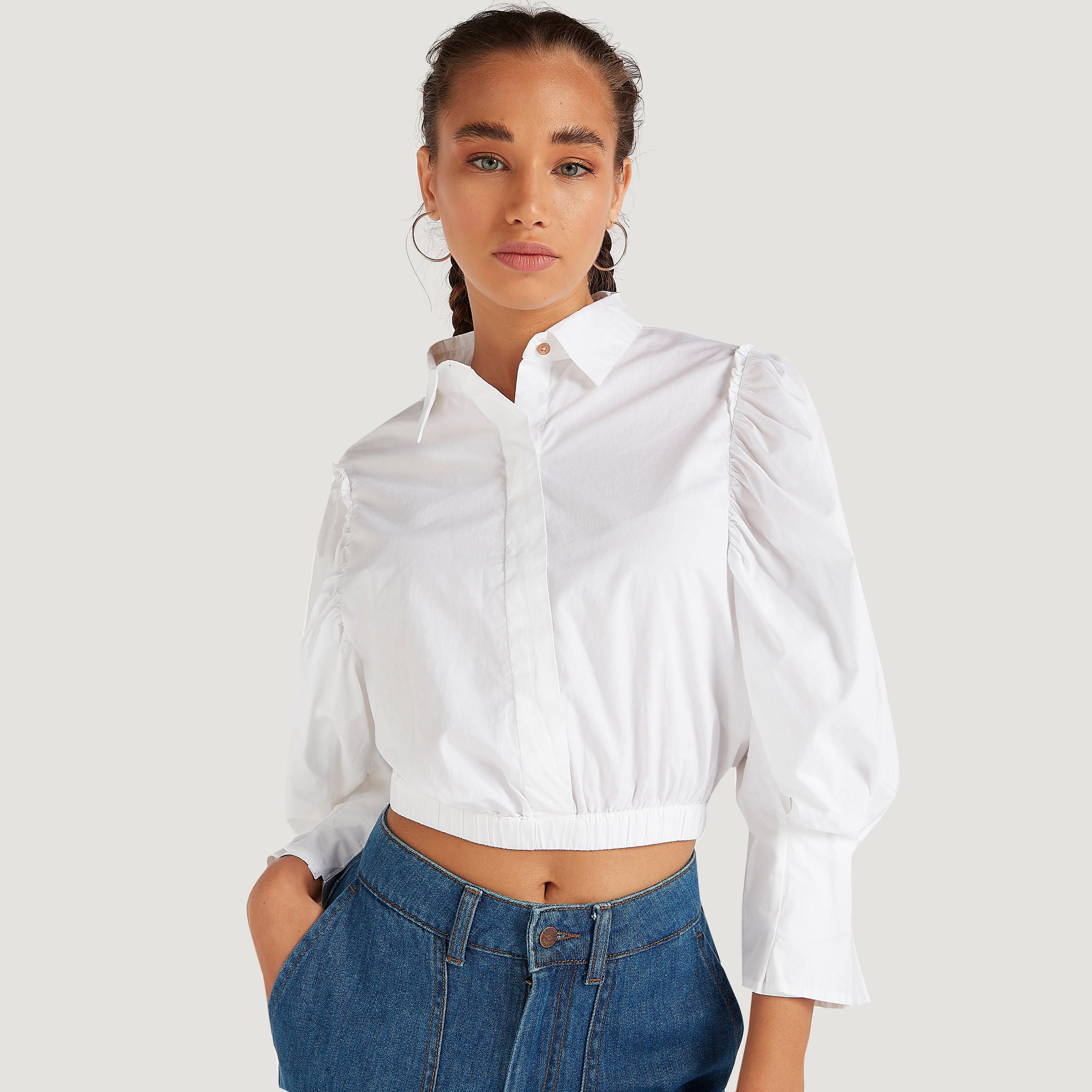 Lee Cooper Solid Top with Collar and Bishop Sleeves-women-clothing-shirtsandblouses-blouses-image-1