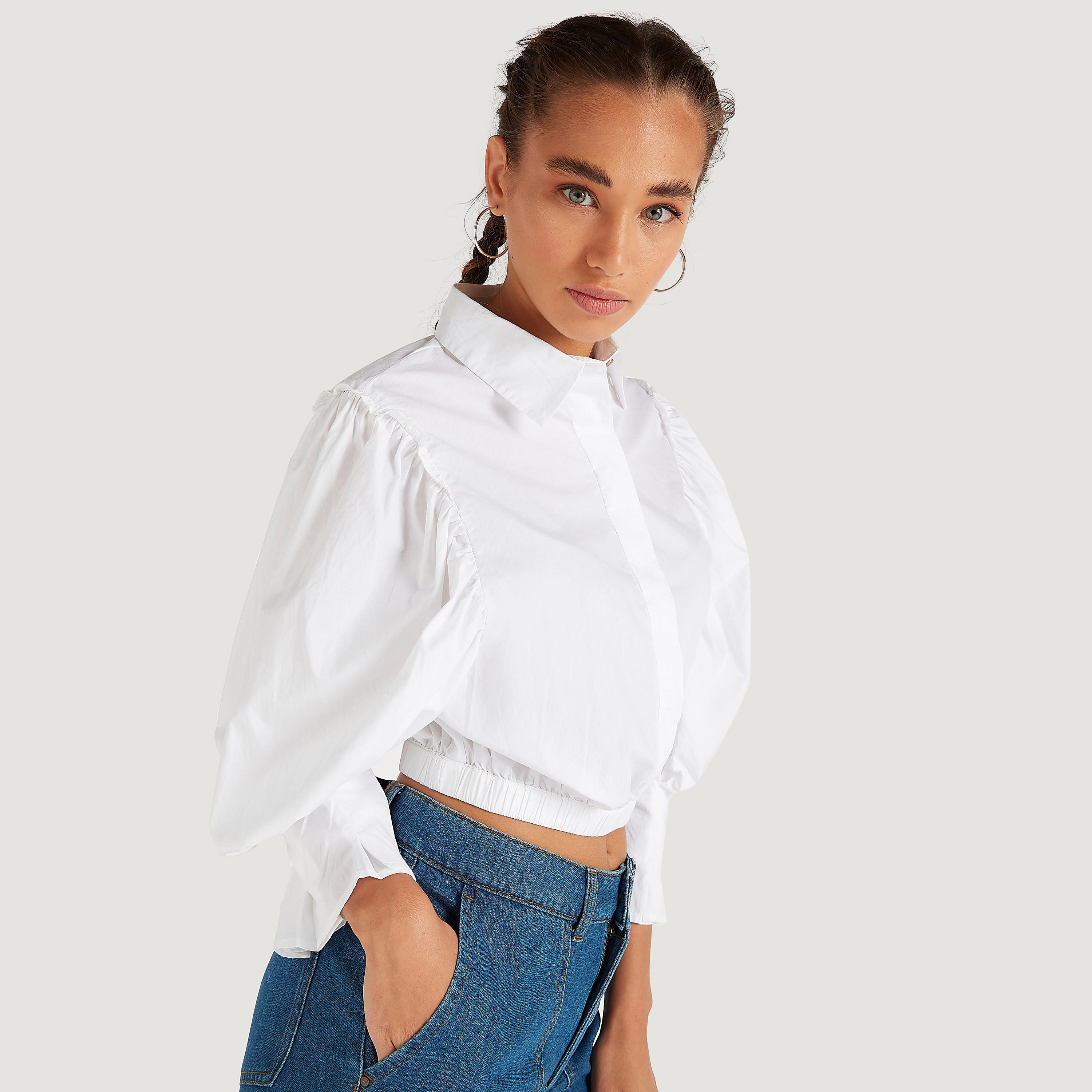 Lee Cooper Solid Top with Collar and Bishop Sleeves-women-clothing-shirtsandblouses-blouses-image-6