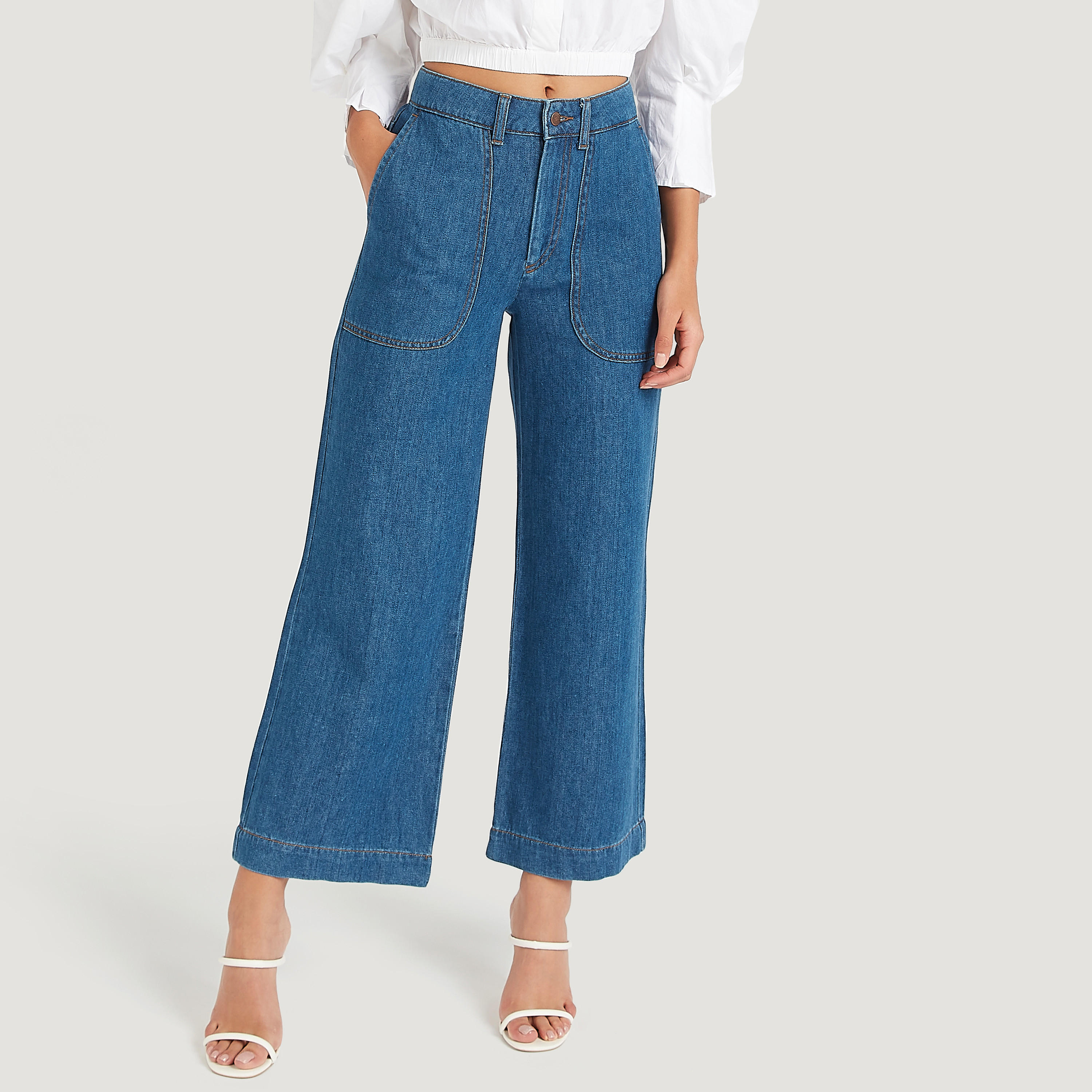 بنطلون جينز سادة بزر إغلاق وخصر مرتفع-women-clothing-bottoms-jeans-image-5