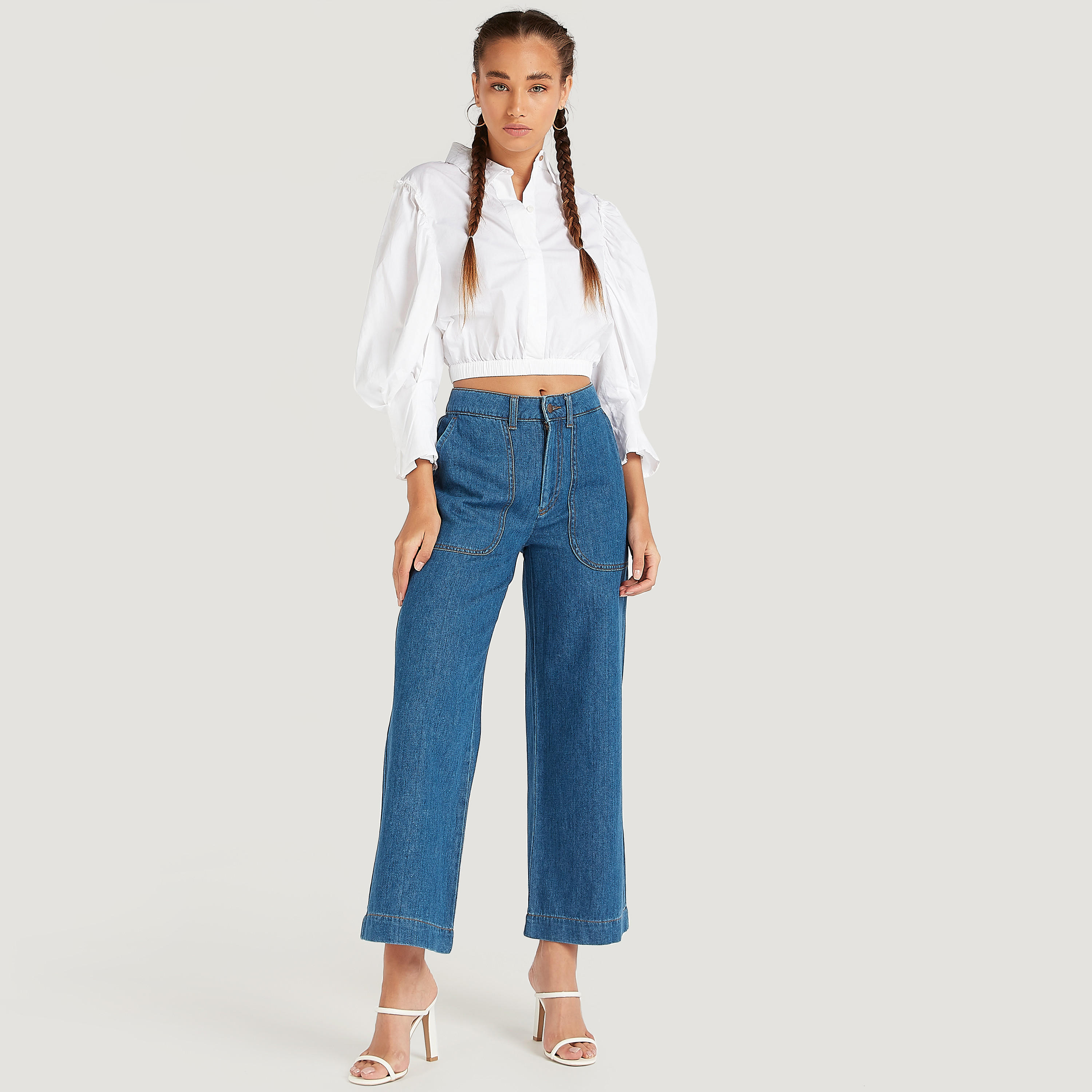 بنطلون جينز سادة بزر إغلاق وخصر مرتفع-women-clothing-bottoms-jeans-image-4