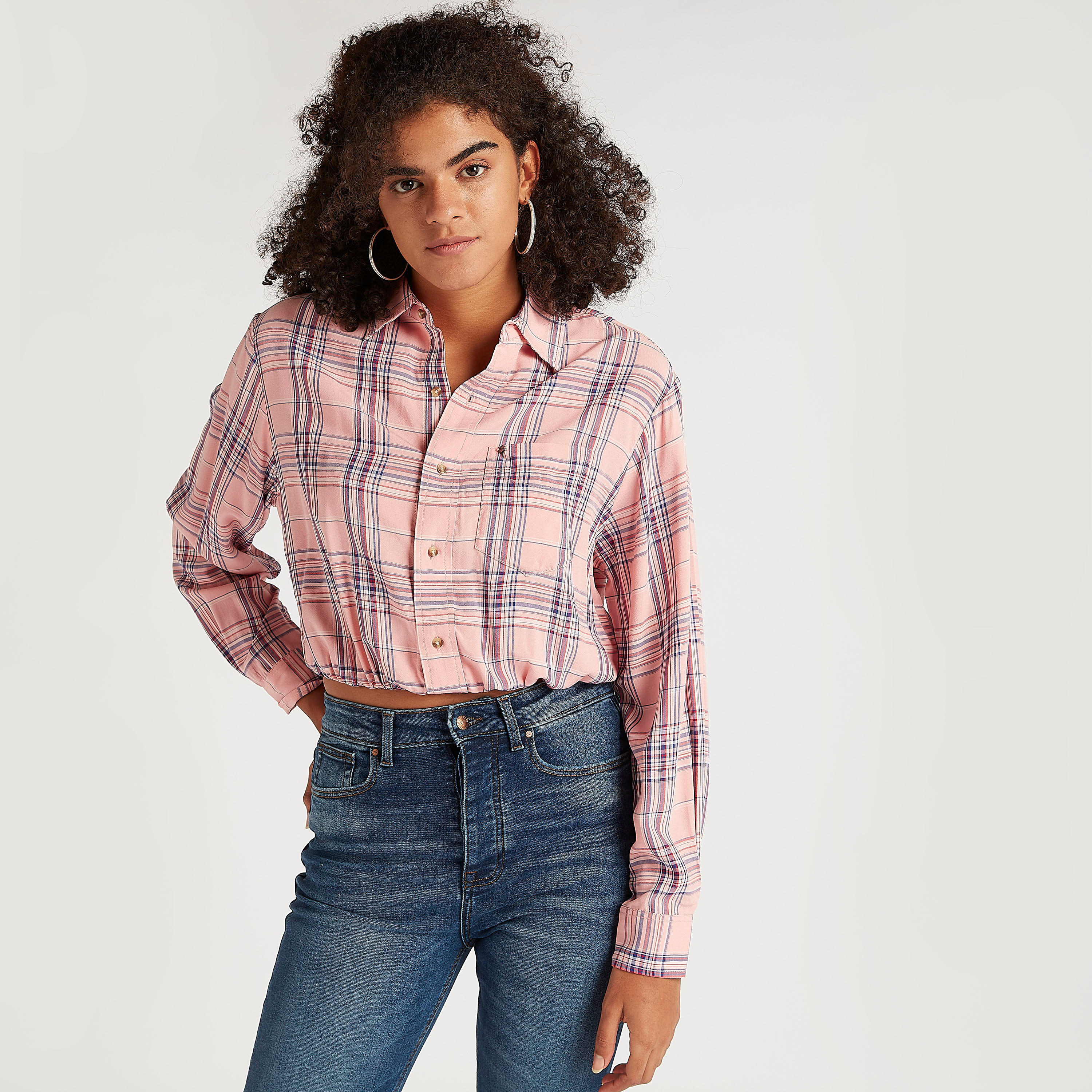 Lee Cooper Checked Shirt with Collar and Long Sleeves-women-clothing-shirtsandblouses-shirts-image-1