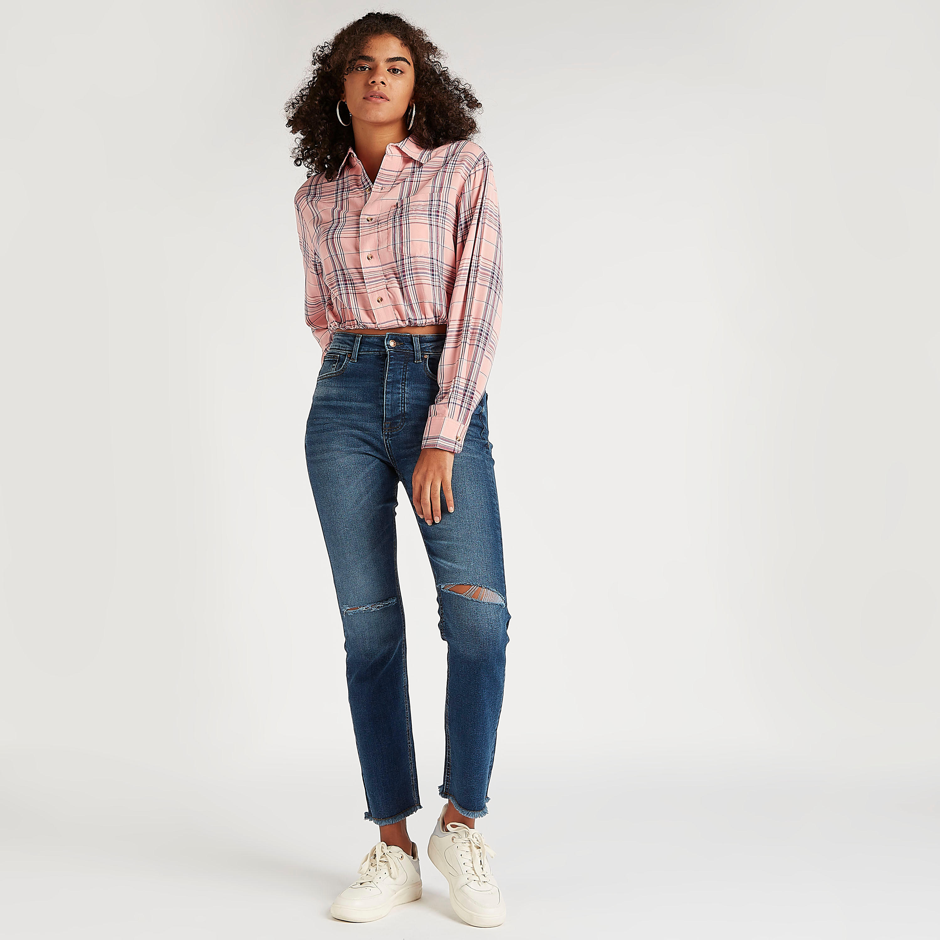 Lee Cooper Checked Shirt with Collar and Long Sleeves-women-clothing-shirtsandblouses-shirts-image-2