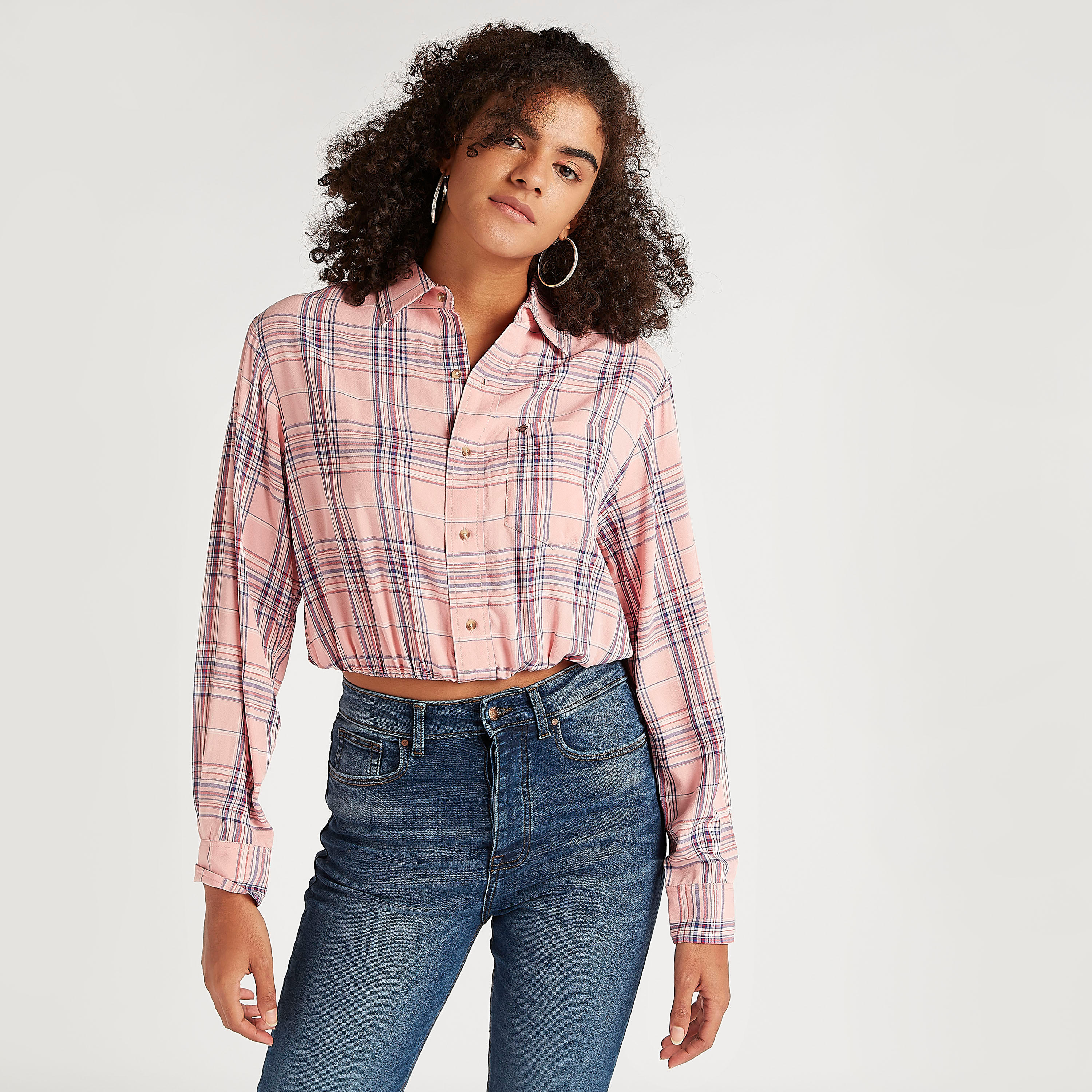 Lee Cooper Checked Shirt with Collar and Long Sleeves-women-clothing-shirtsandblouses-shirts-image-5