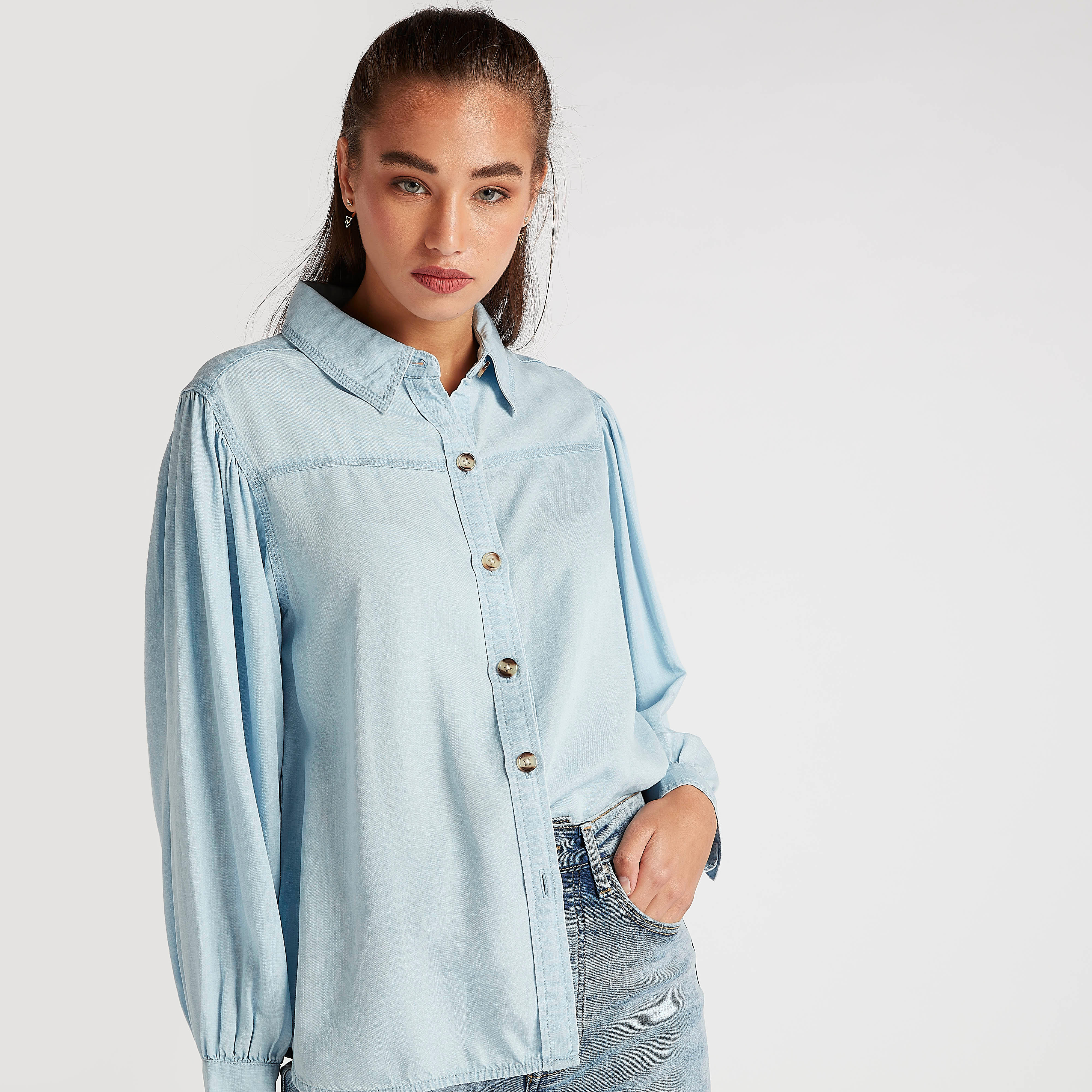 Lee Cooper Solid Denim Shirt with Long Sleeves-women-clothing-shirtsandblouses-shirts-image-1