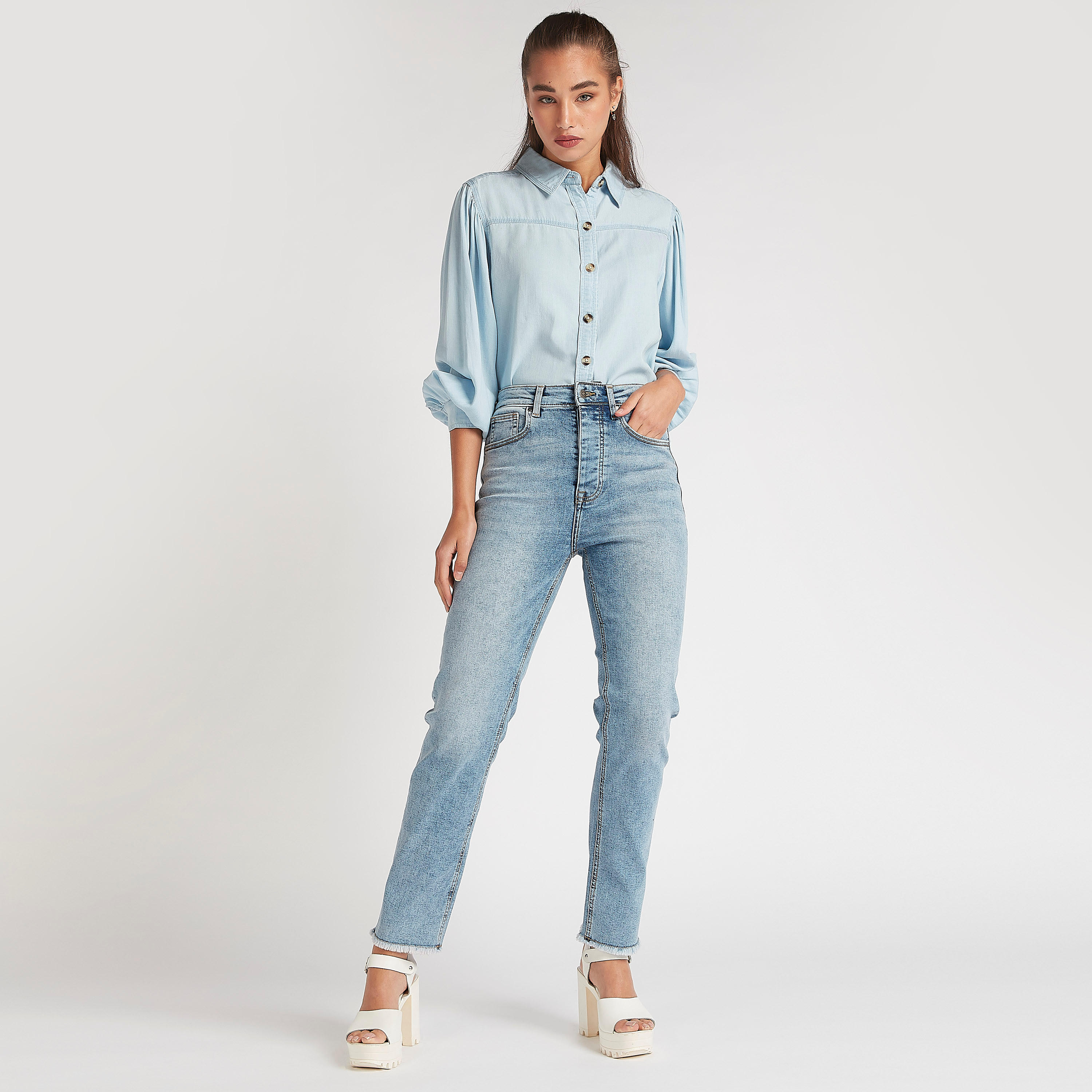 Lee Cooper Solid Denim Shirt with Long Sleeves-women-clothing-shirtsandblouses-shirts-image-2