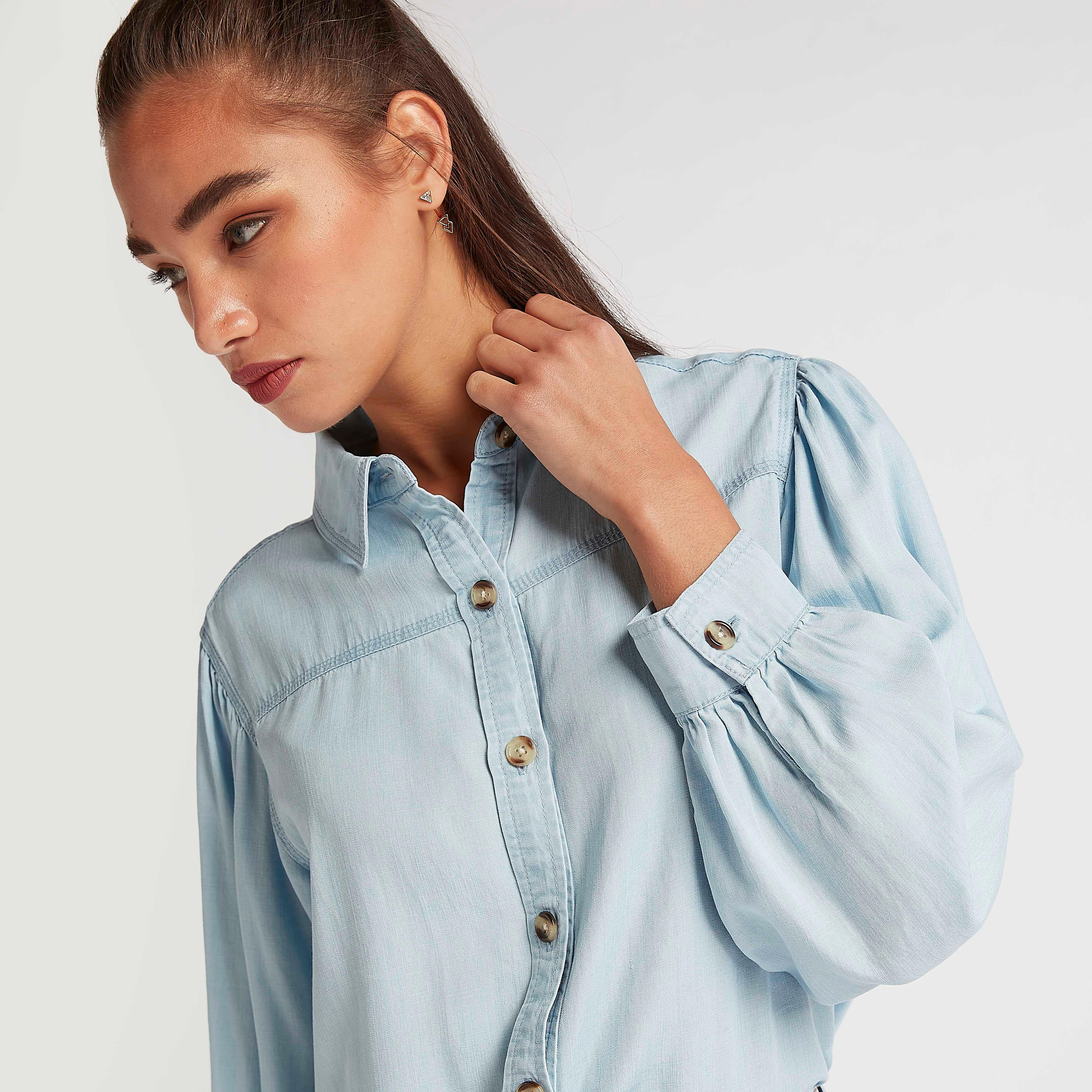 Lee Cooper Solid Denim Shirt with Long Sleeves-women-clothing-shirtsandblouses-shirts-image-3