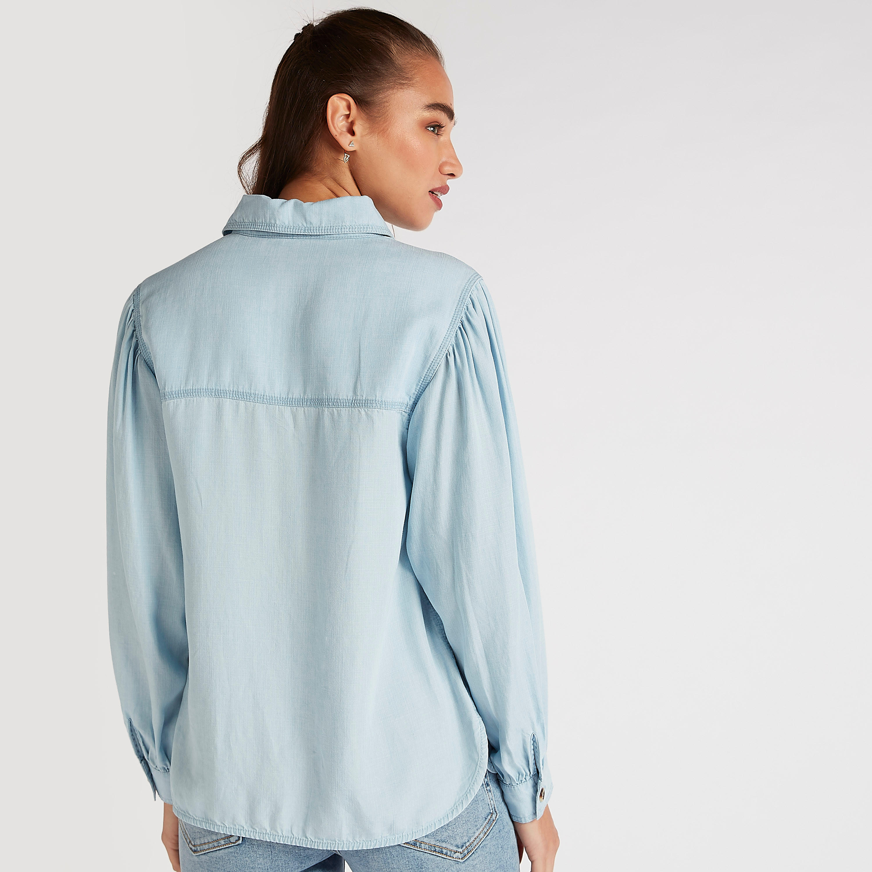 Lee Cooper Solid Denim Shirt with Long Sleeves-women-clothing-shirtsandblouses-shirts-image-4