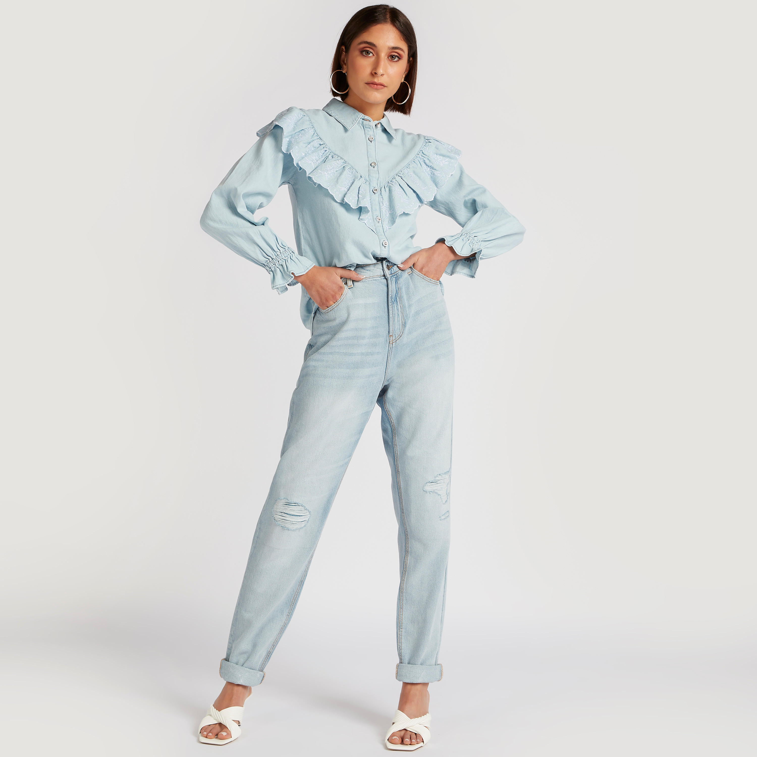 بنطلون جينز دنيم  موم فيت مضلّع سادة من لي كوبر-women-clothing-bottoms-jeans-image-2