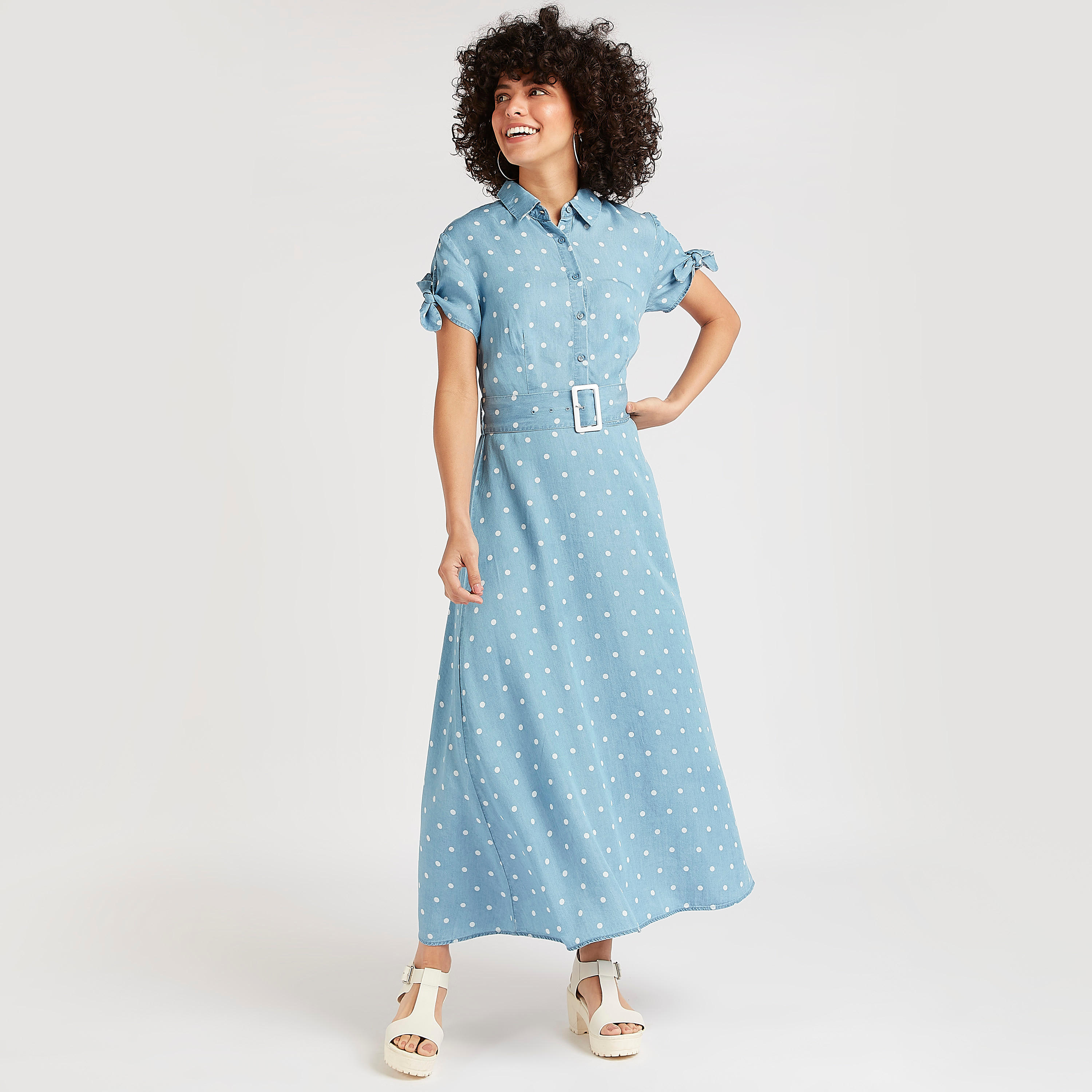 Lee Cooper Polka Dot Maxi A-line Dress with Belt-women-clothing-dresses-image-1