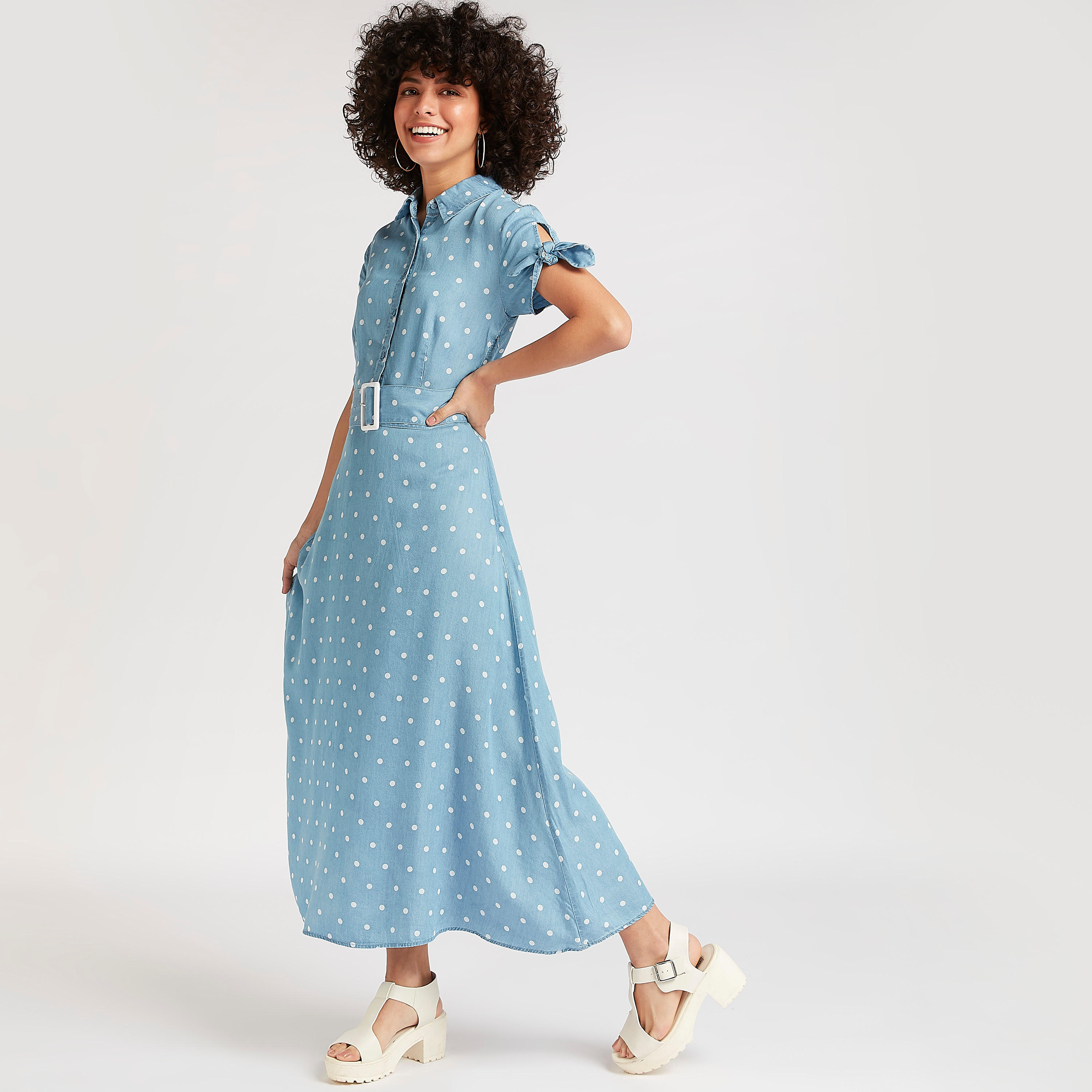 Lee Cooper Polka Dot Maxi A-line Dress with Belt-women-clothing-dresses-image-2