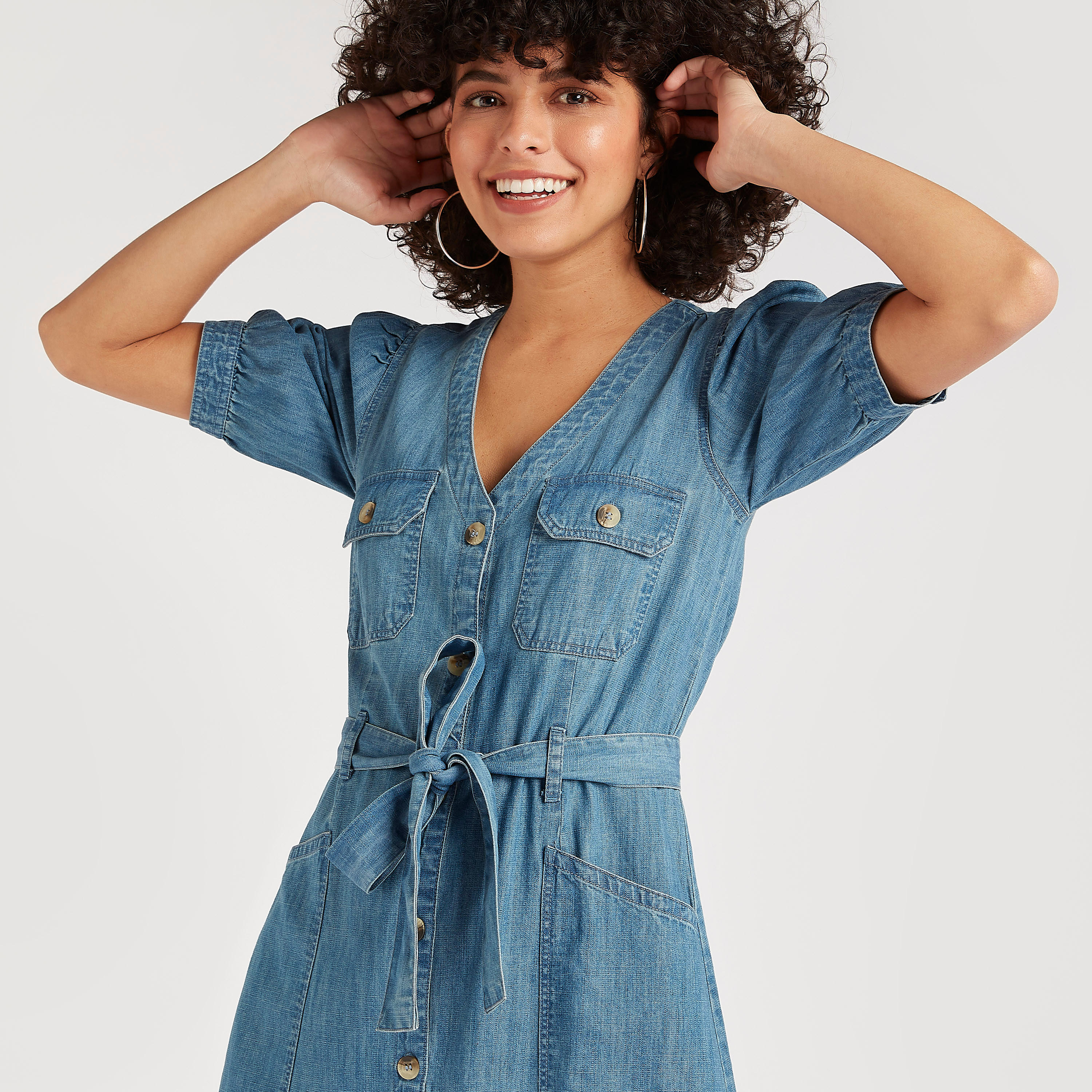 فستان دنيم إيه لاين بحزام وأكمام منفوخة من لي كوبر-women-clothing-dresses-image-5