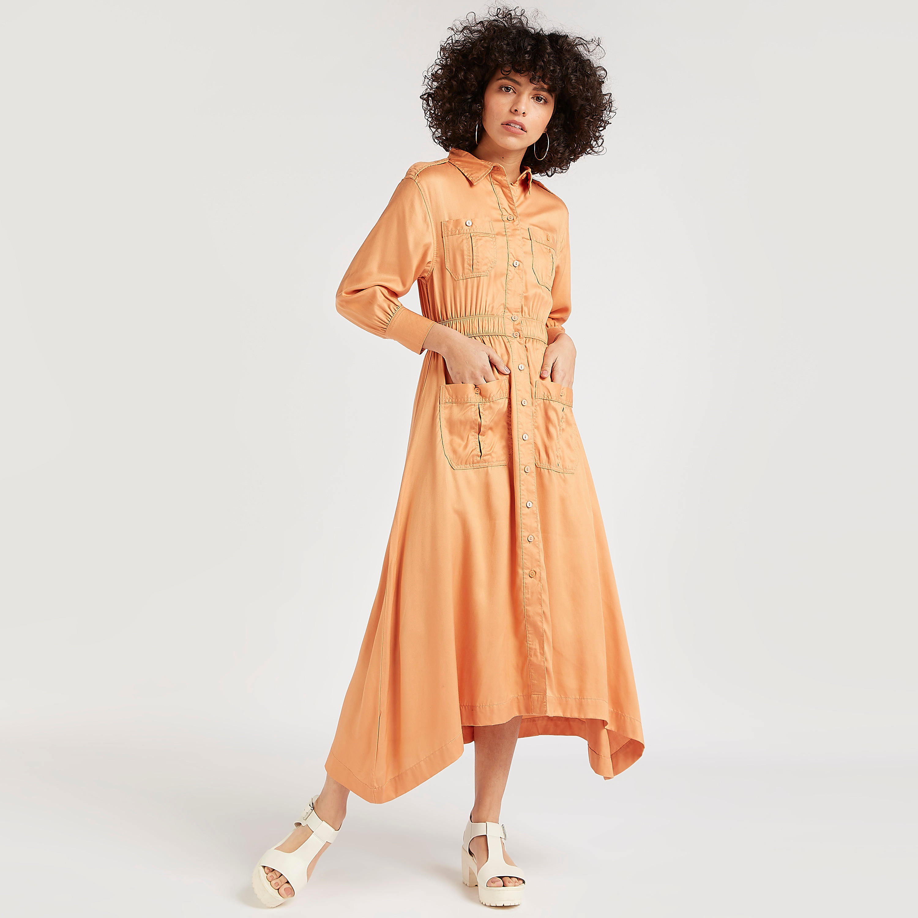 فستان قميص سادة بخصر مطاطي-women-clothing-dresses-image-6