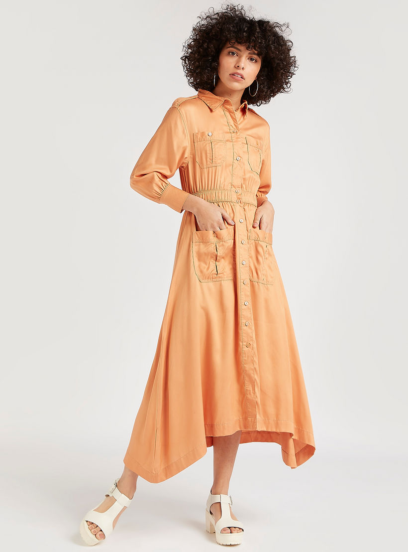 فستان قميص سادة بخصر مطاطي-women-clothing-dresses-image-6