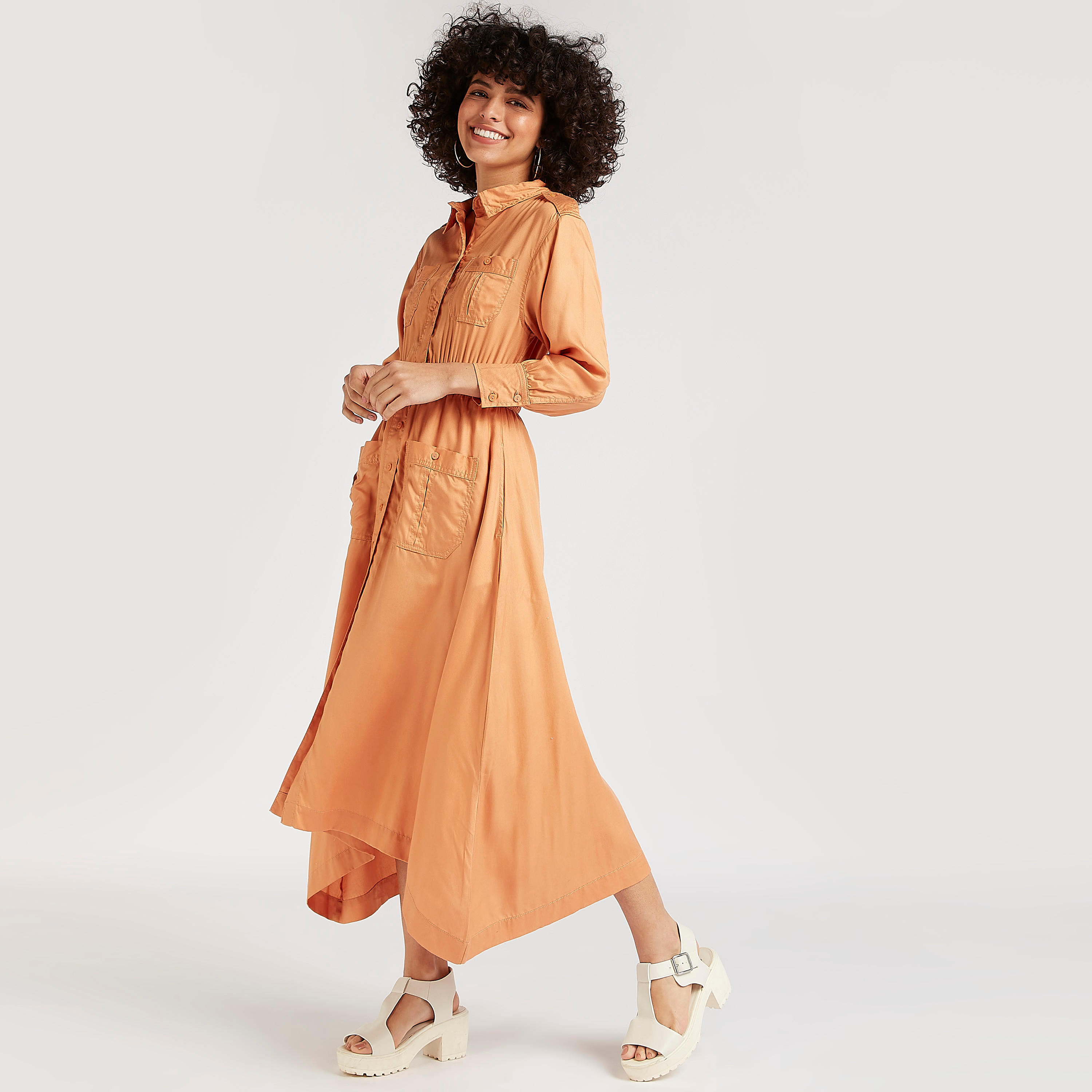 فستان قميص سادة بخصر مطاطي-women-clothing-dresses-image-5