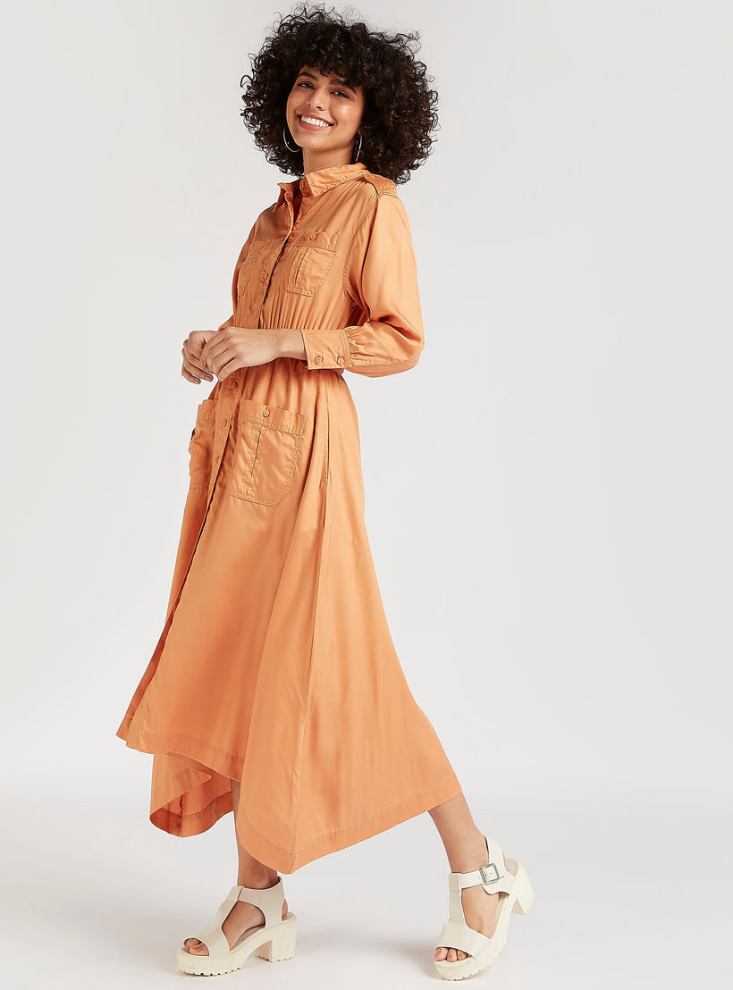 فستان قميص سادة بخصر مطاطي-women-clothing-dresses-image-5