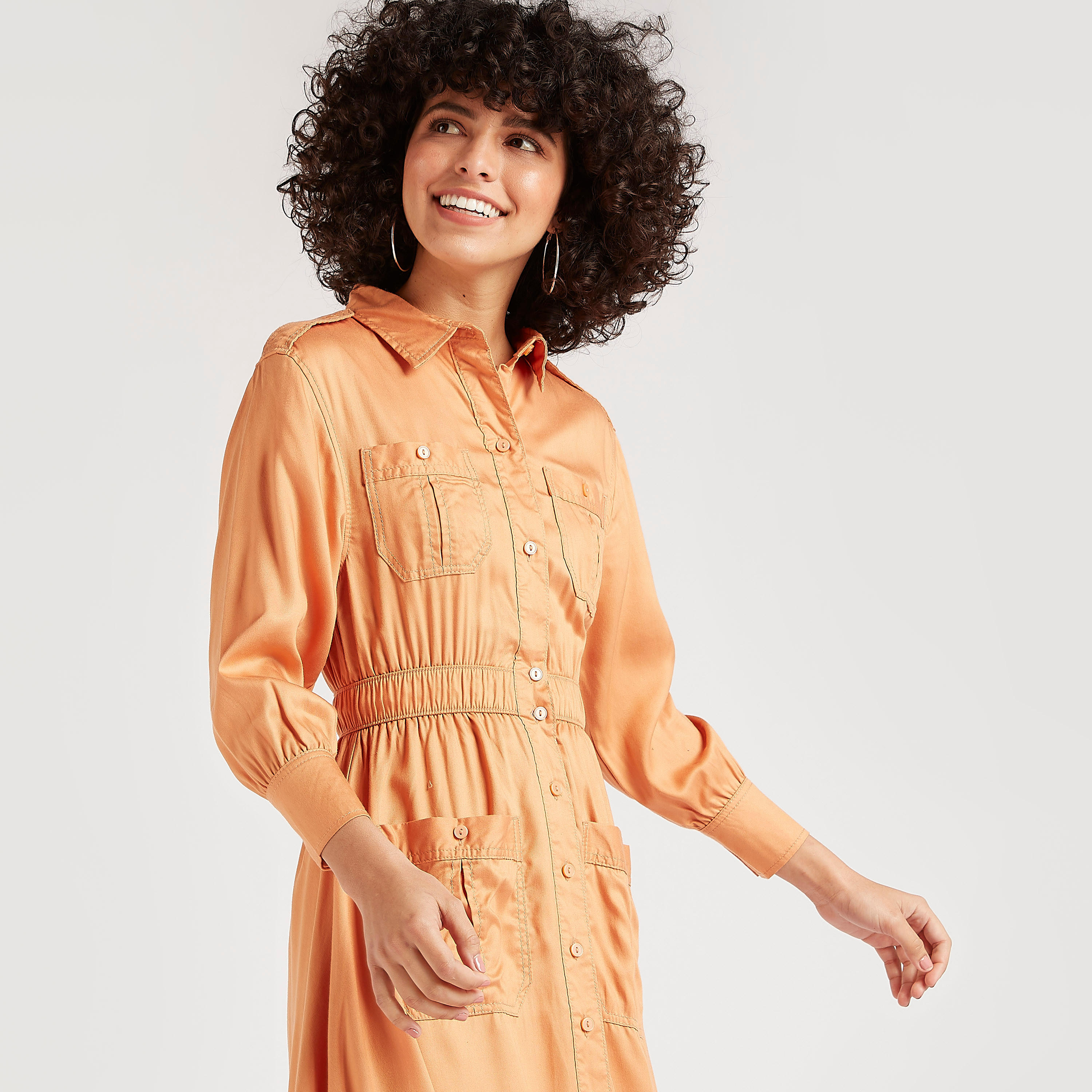 فستان قميص سادة بخصر مطاطي-women-clothing-dresses-image-4