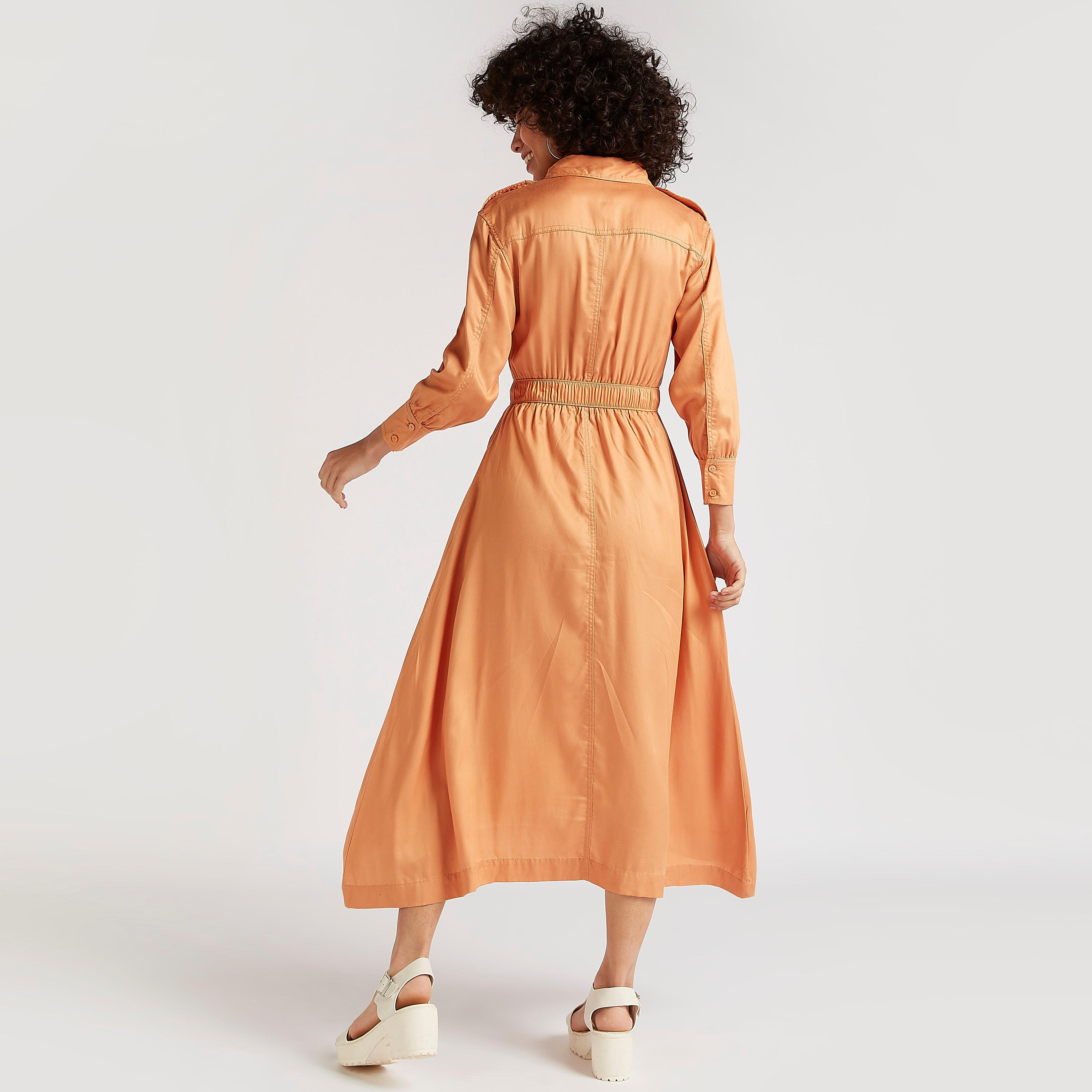 فستان قميص سادة بخصر مطاطي-women-clothing-dresses-image-3